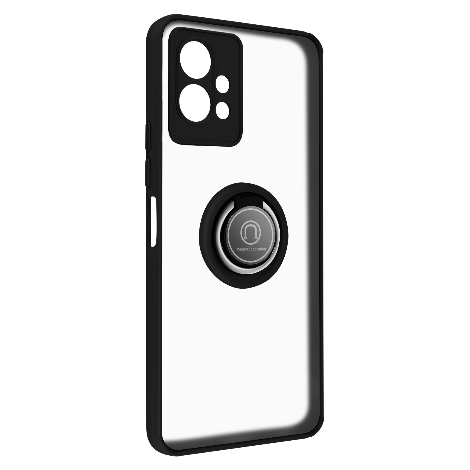 Custodia trasparente con cornice nera, ritaglio per fotocamera e supporto ad anello, su sfondo bianco.