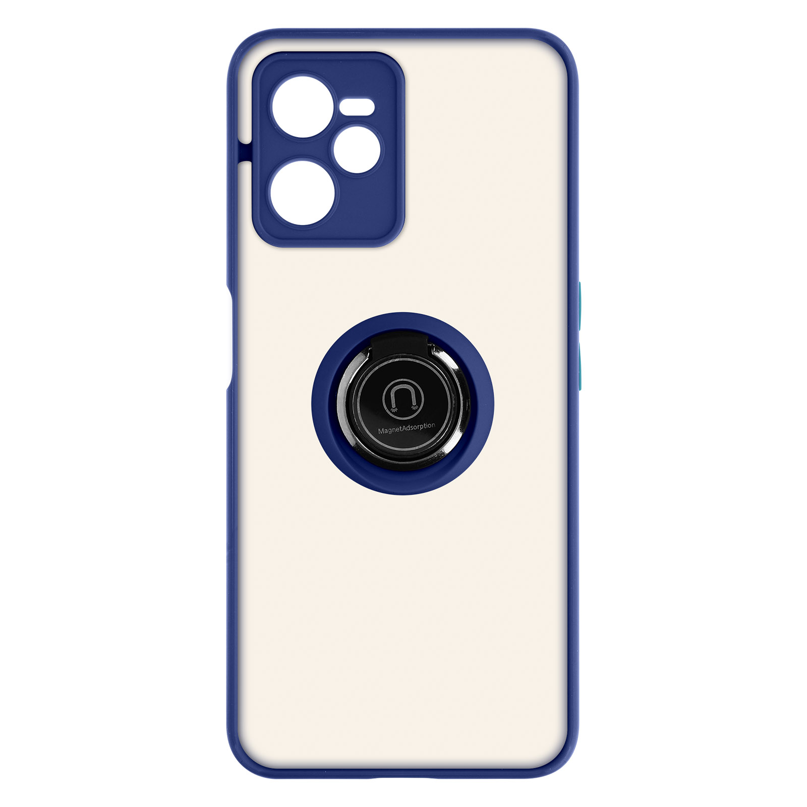 Custodia per smartphone con dettagli blu e anello magnetico.