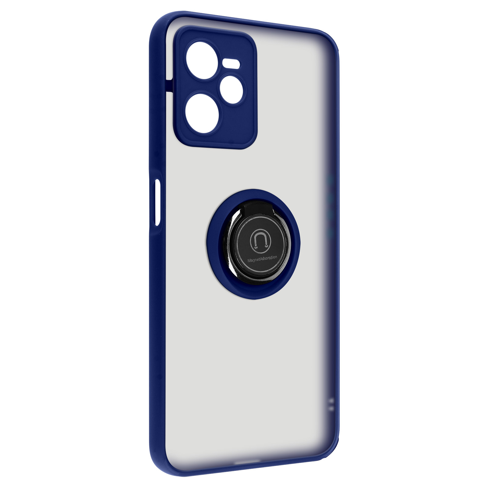 Custodia per telefono blu con porta anelli. Il retro è trasparente, i lati blu.