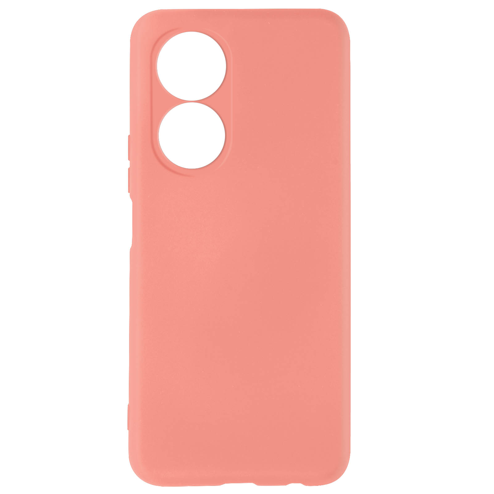 Custodia per telefono color pesca con fori per fotocamera. La custodia ha una finitura liscia.