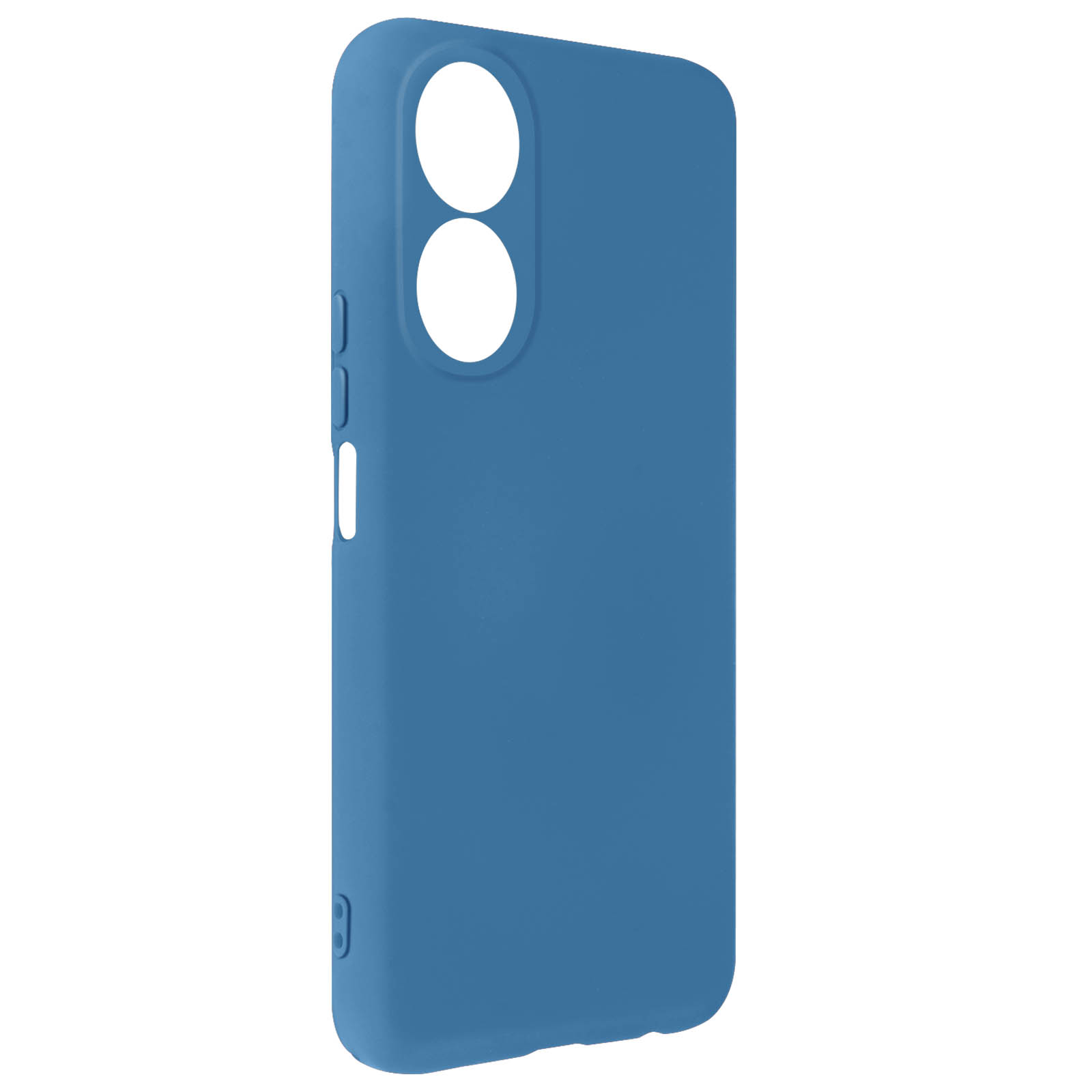 Custodia blu per telefono con due fori per fotocamera e pulsanti laterali, design elegante.