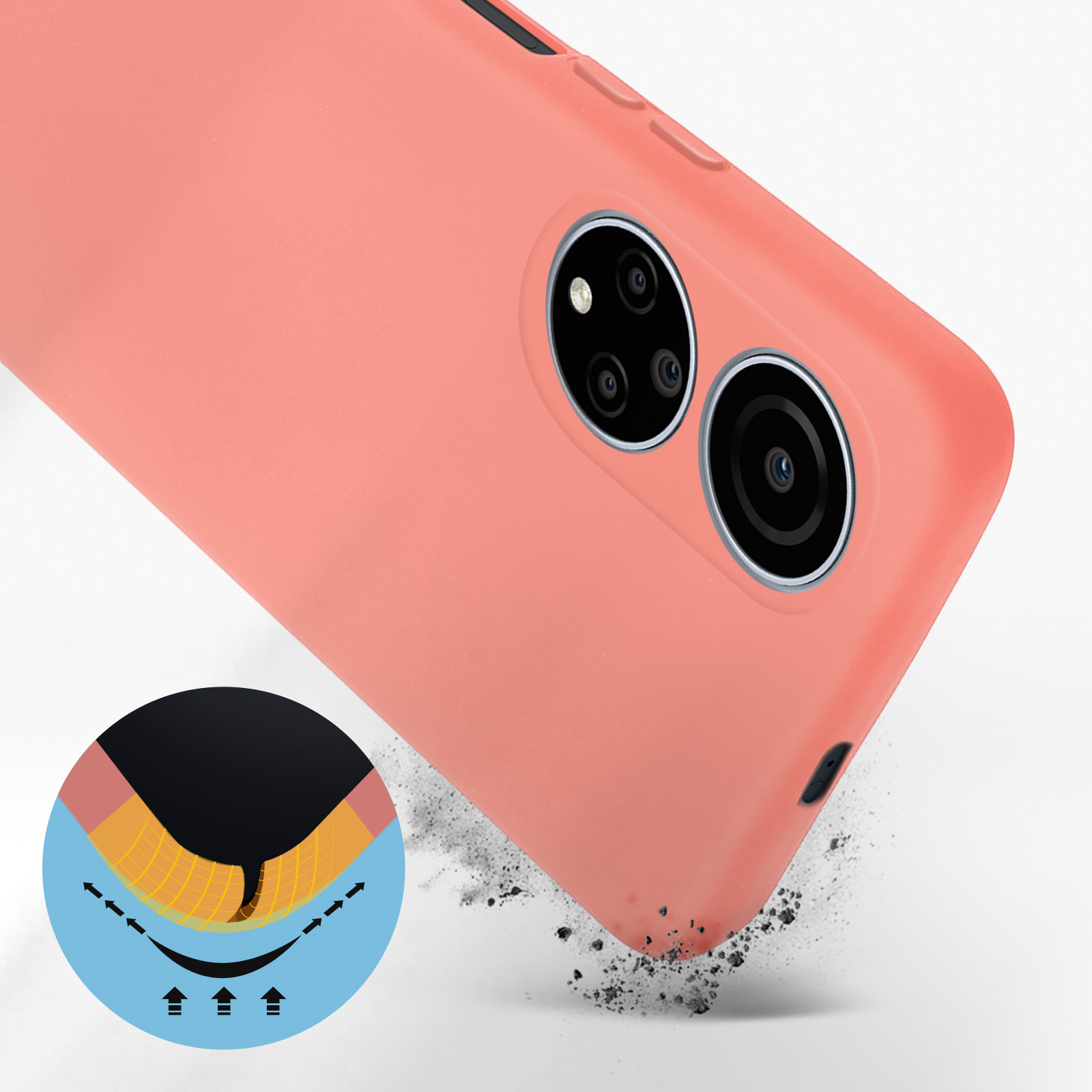 Custodia per telefono color pesca con ritagli per fotocamere. La custodia è su una superficie bianca, grafica.