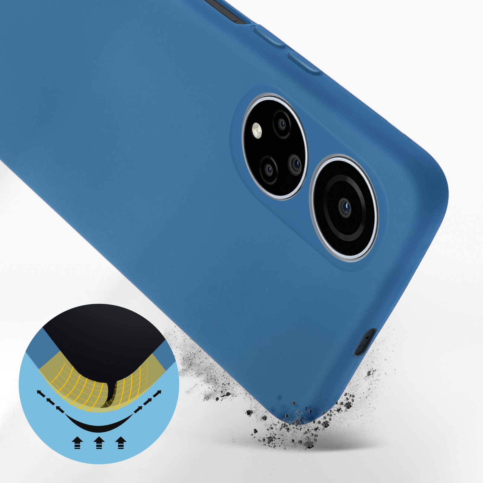 Custodia blu per telefono con ritagli per tripla fotocamera e diagramma che mostra la protezione dagli urti.