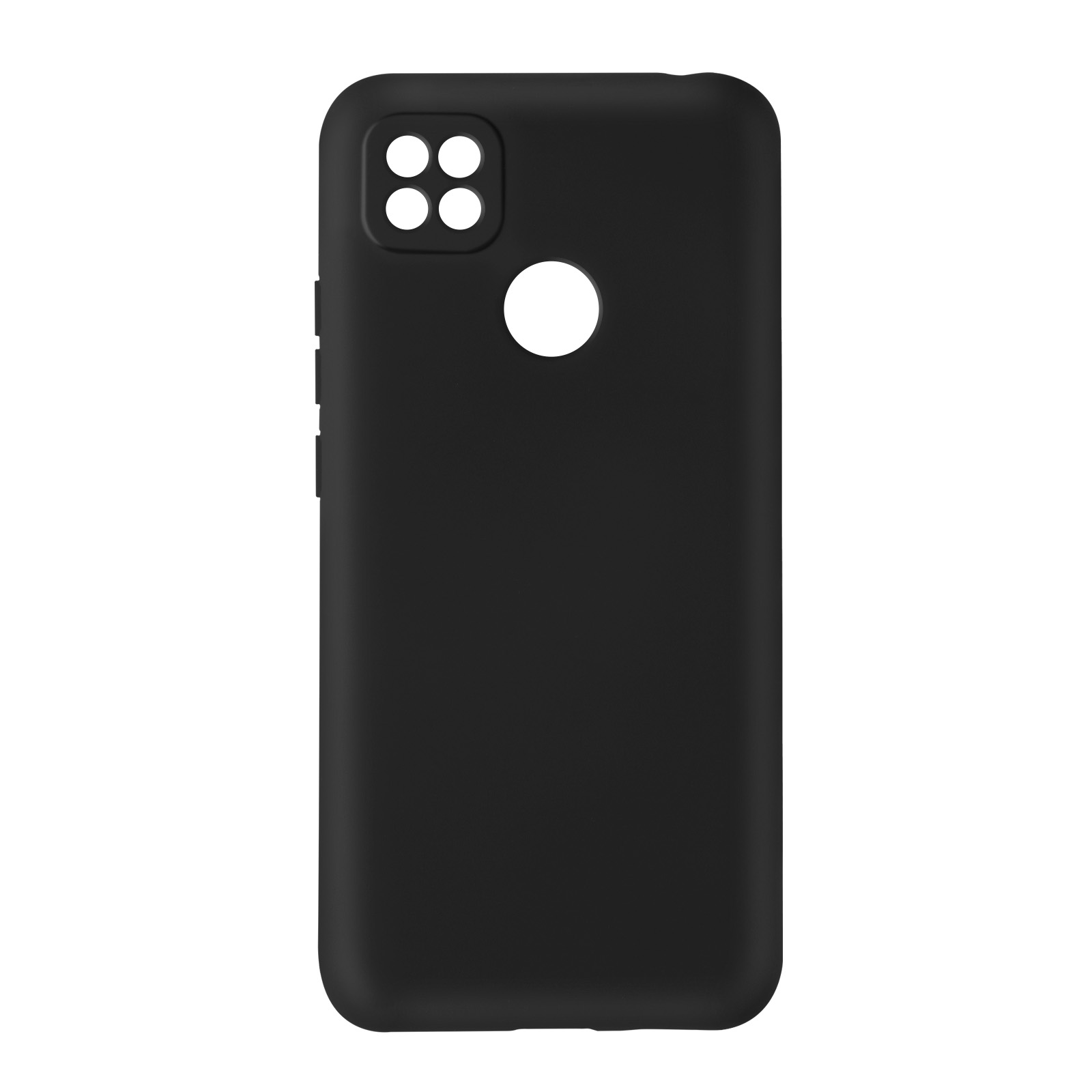 Een zwarte telefoonhoes. Het heeft een vierkante uitsparing voor de camera, vier cirkels en een rond gat.