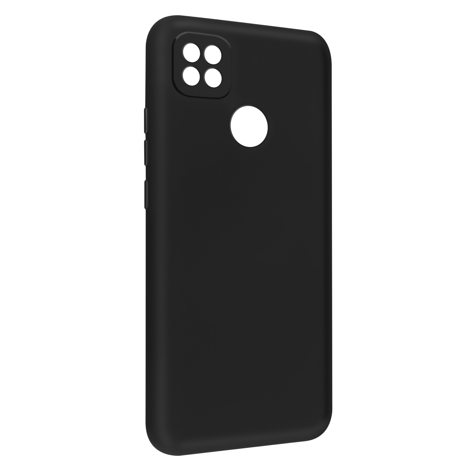 Zwarte telefoonhoes met uitsparingen voor camera en knoppen. Er is ook een wit rond gat.