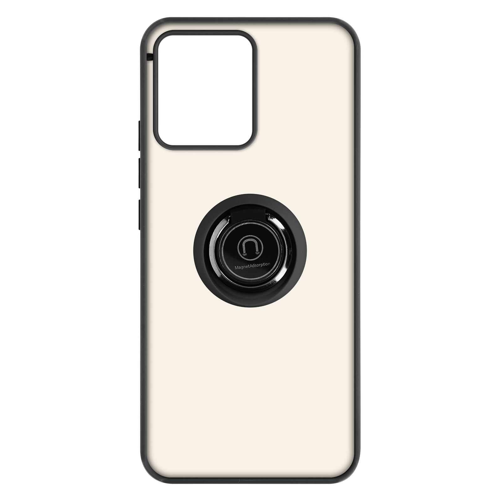 Una custodia per telefono, color crema, con un supporto ad anello nero per un telefono.