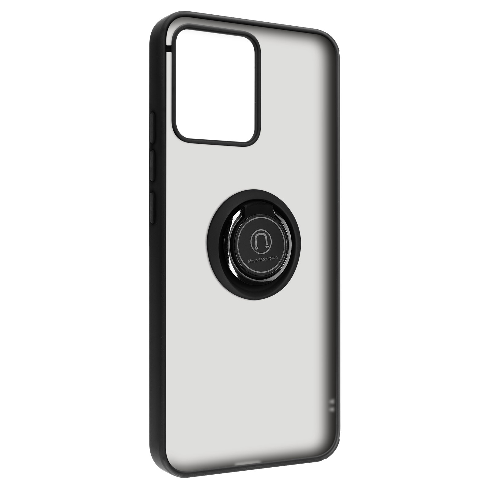 Custodia per telefono con anello nero e sfondo bianco.