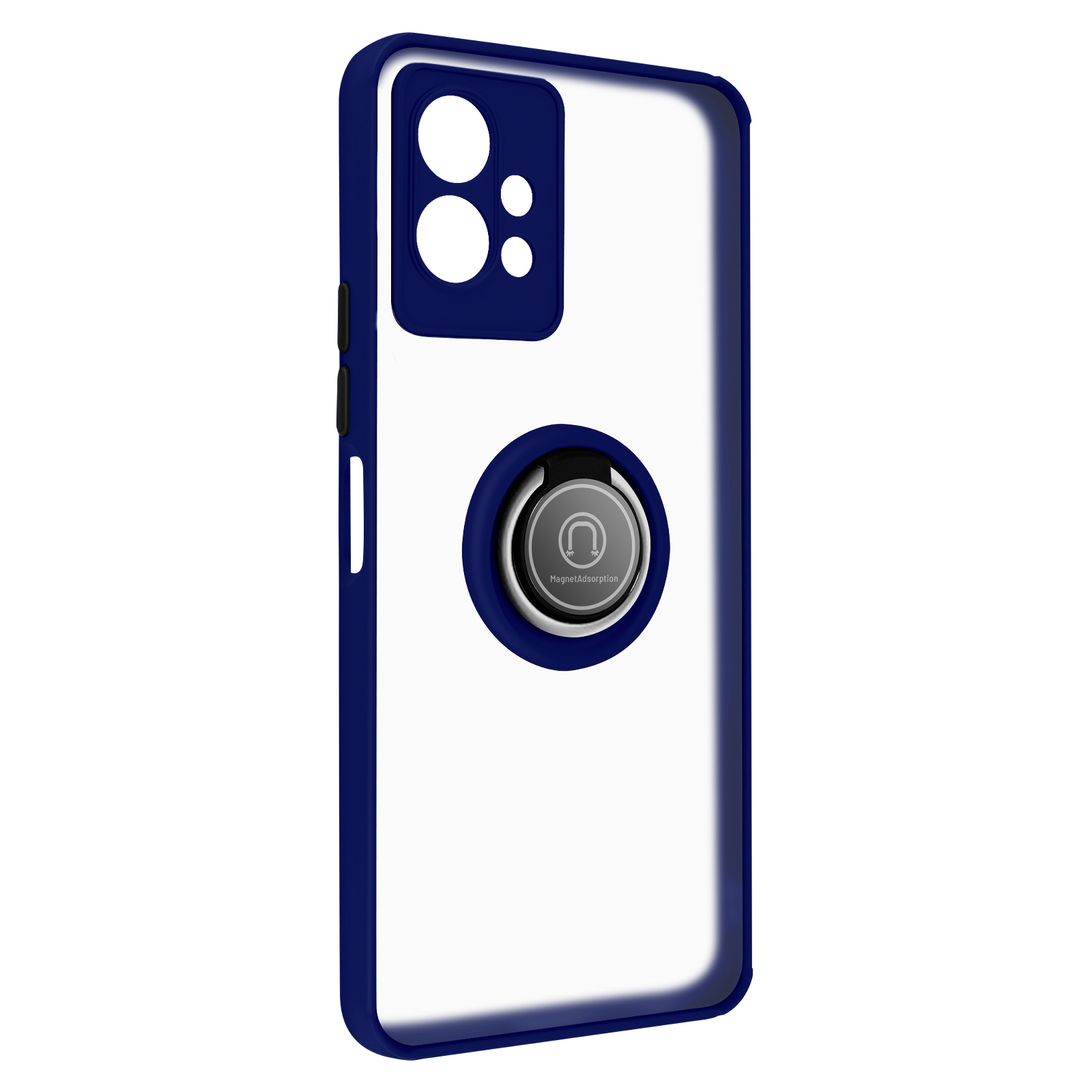 Una custodia trasparente per telefono con bordo blu e supporto ad anello argentato sul retro.
