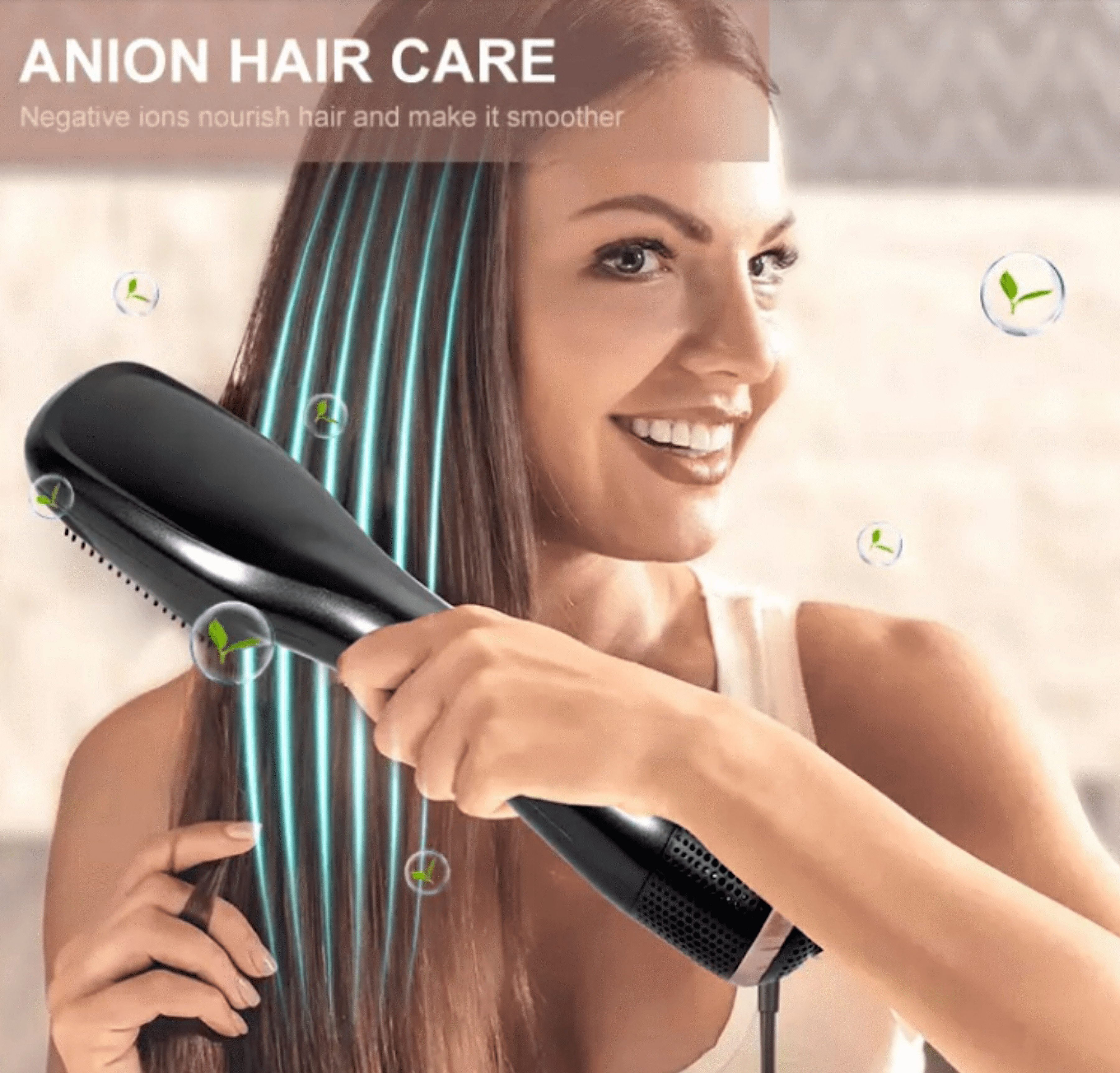 Uśmiechnięta kobieta używająca czarnej prostownicy. Tekst: ANION HAIR CARE, opisuje.