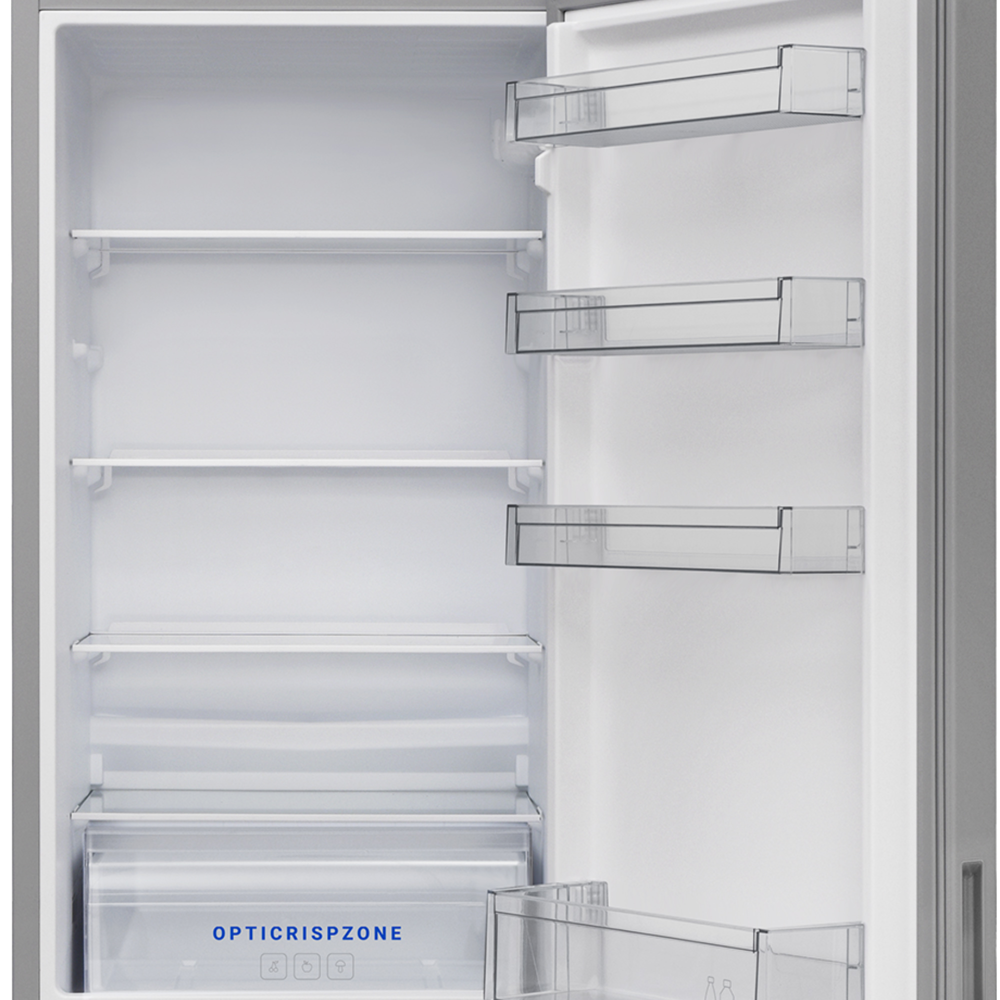 Offener Kühlschrank mit Regalen. Transparente Regale, Schubladen und ein Opticrispzone-Etikett sichtbar.