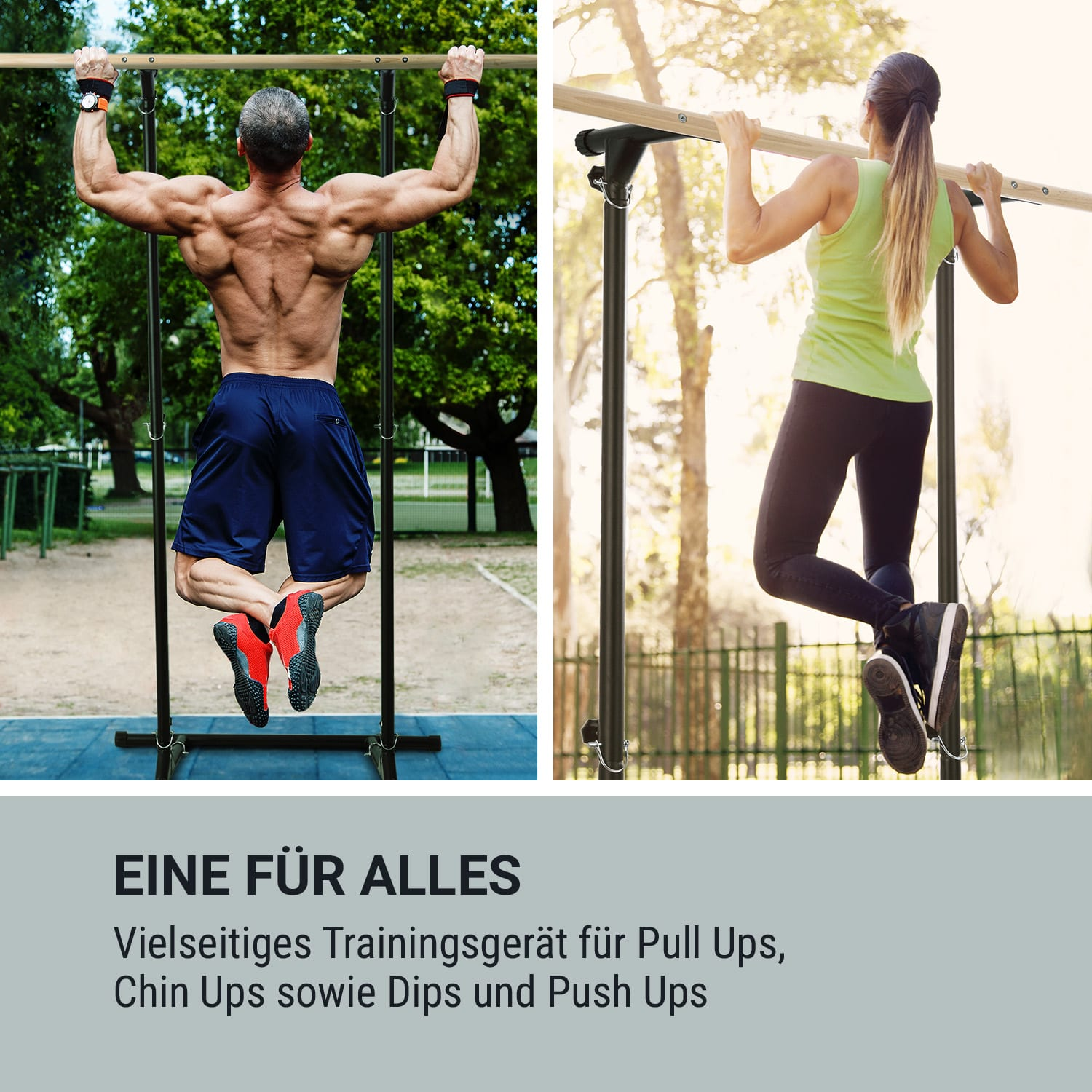 Due persone che fanno trazioni e chin-up su una sbarra, con testo sull'allenamento versatile.