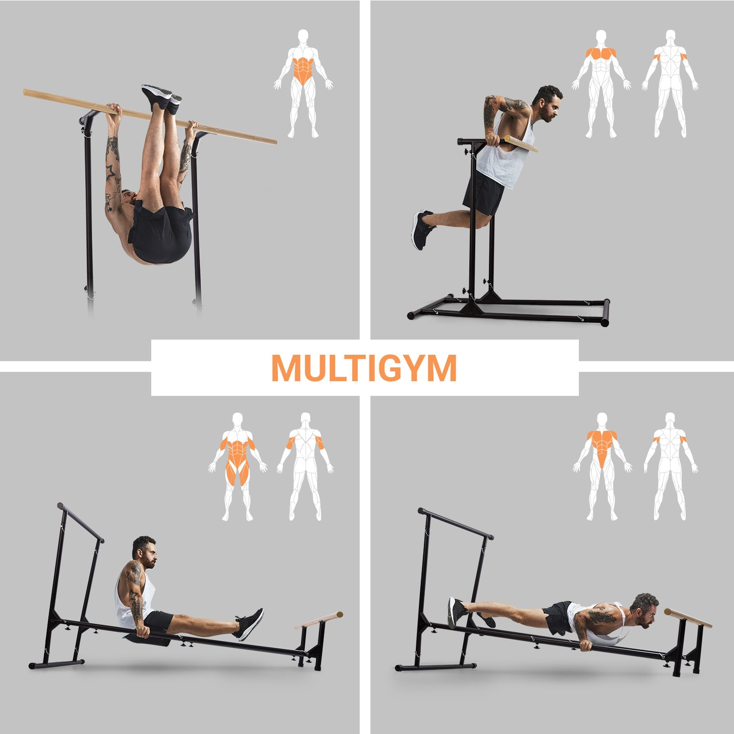Quattro immagini di un uomo che usa una multigym per esercizi diversi. I diagrammi mostrano i gruppi muscolari.