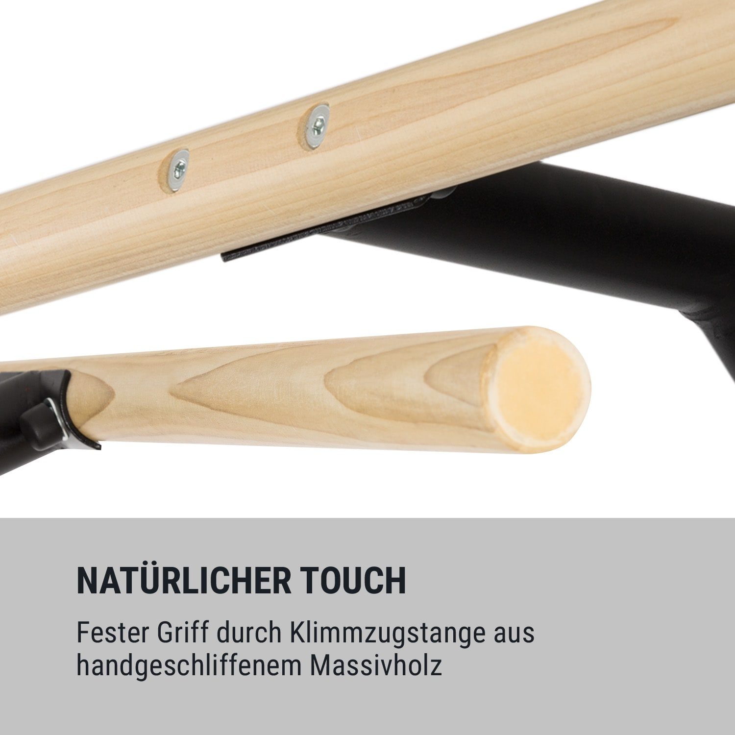Primo piano di manici in legno. Testo: 'Tatto naturale'. Maniglie per sbarra per trazioni in legno massello.