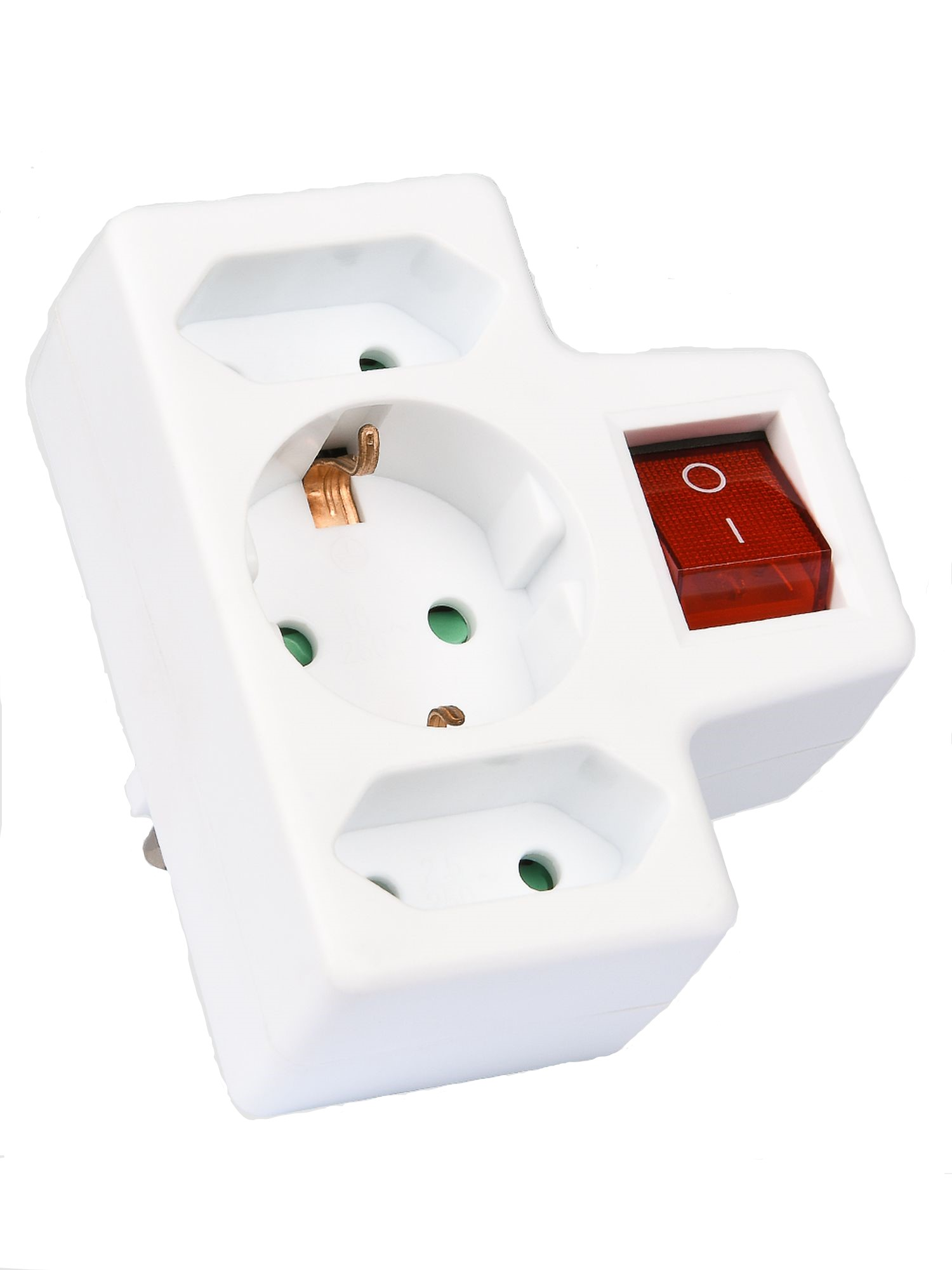 Ein weißer Netzadapter. Er hat drei Steckdosen und einen roten Netzschalter.