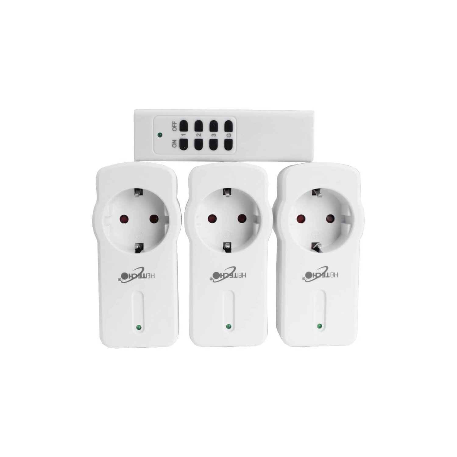 Drei weiße Stecker mit einer Fernbedienung. Auf den Steckern steht HETTECH.