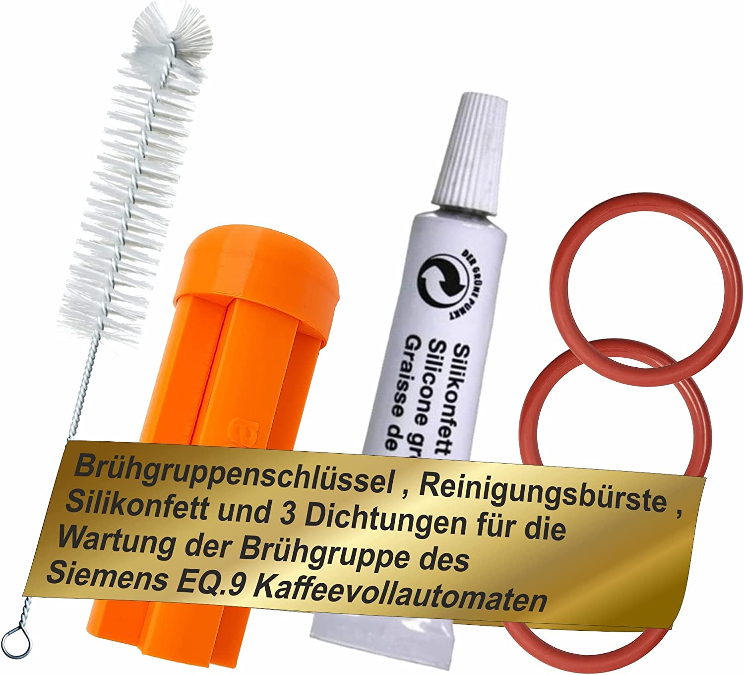 Set mit Kaffeemaschinen-Reinigungswerkzeugen: Bürste, orangefarbener Behälter, Fett und O-Ringe.