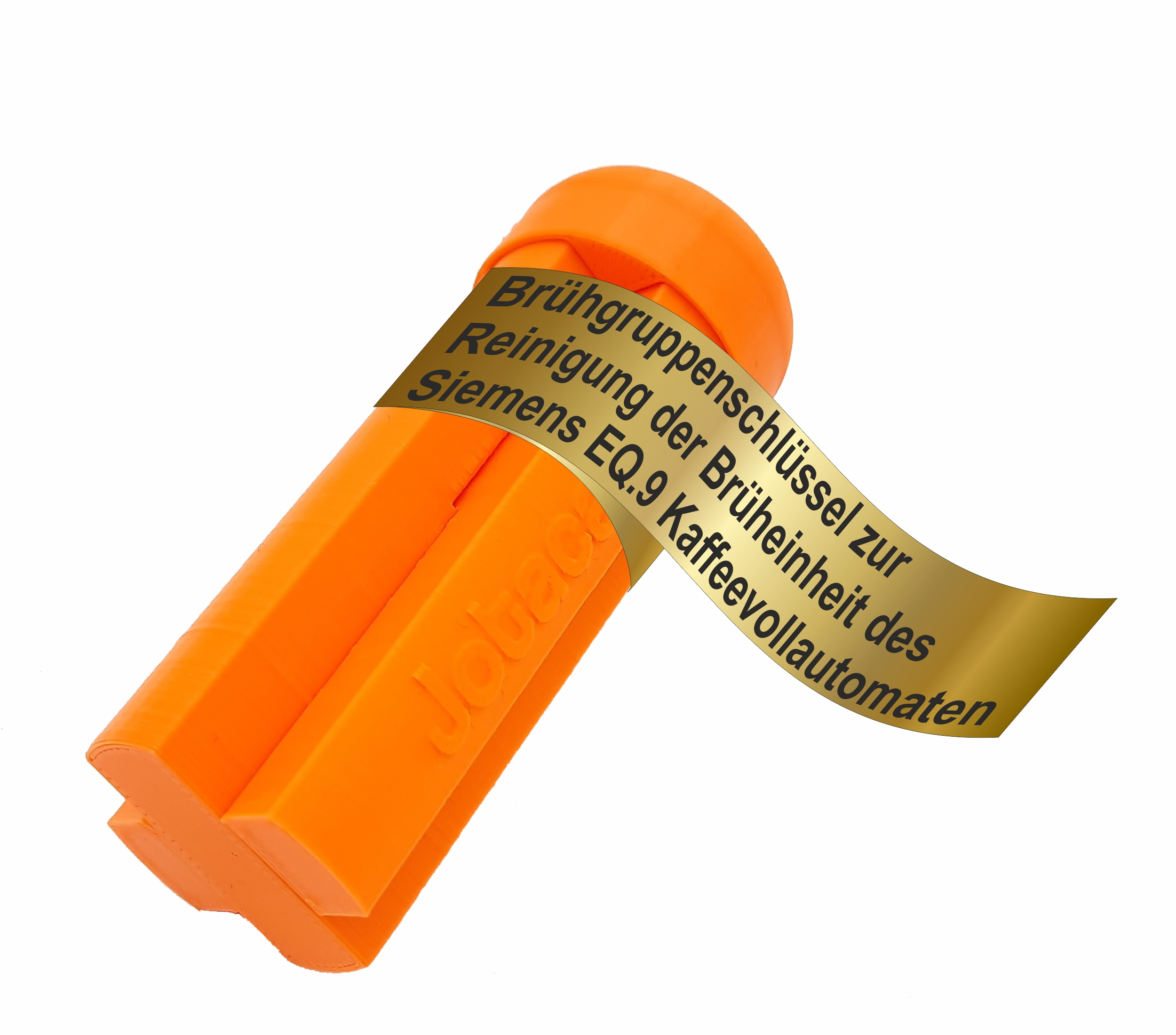 Ein orangefarbenes Kunststoff-Reinigungswerkzeug mit goldenem Aufkleber und Text auf Deutsch.