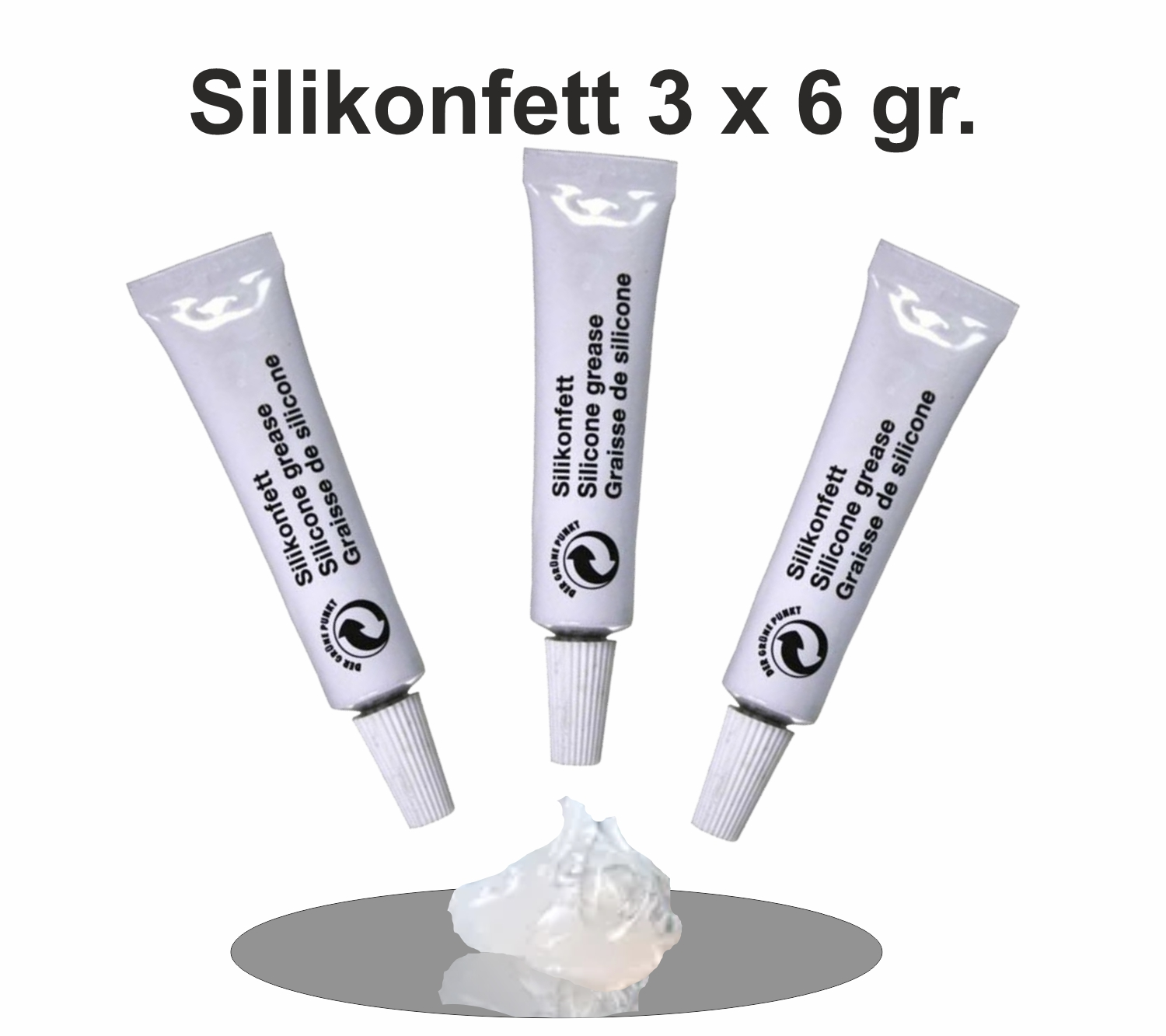 Drei Silikonfett-Tuben, weißer Text auf weißen Tuben, auf weißem Hintergrund.