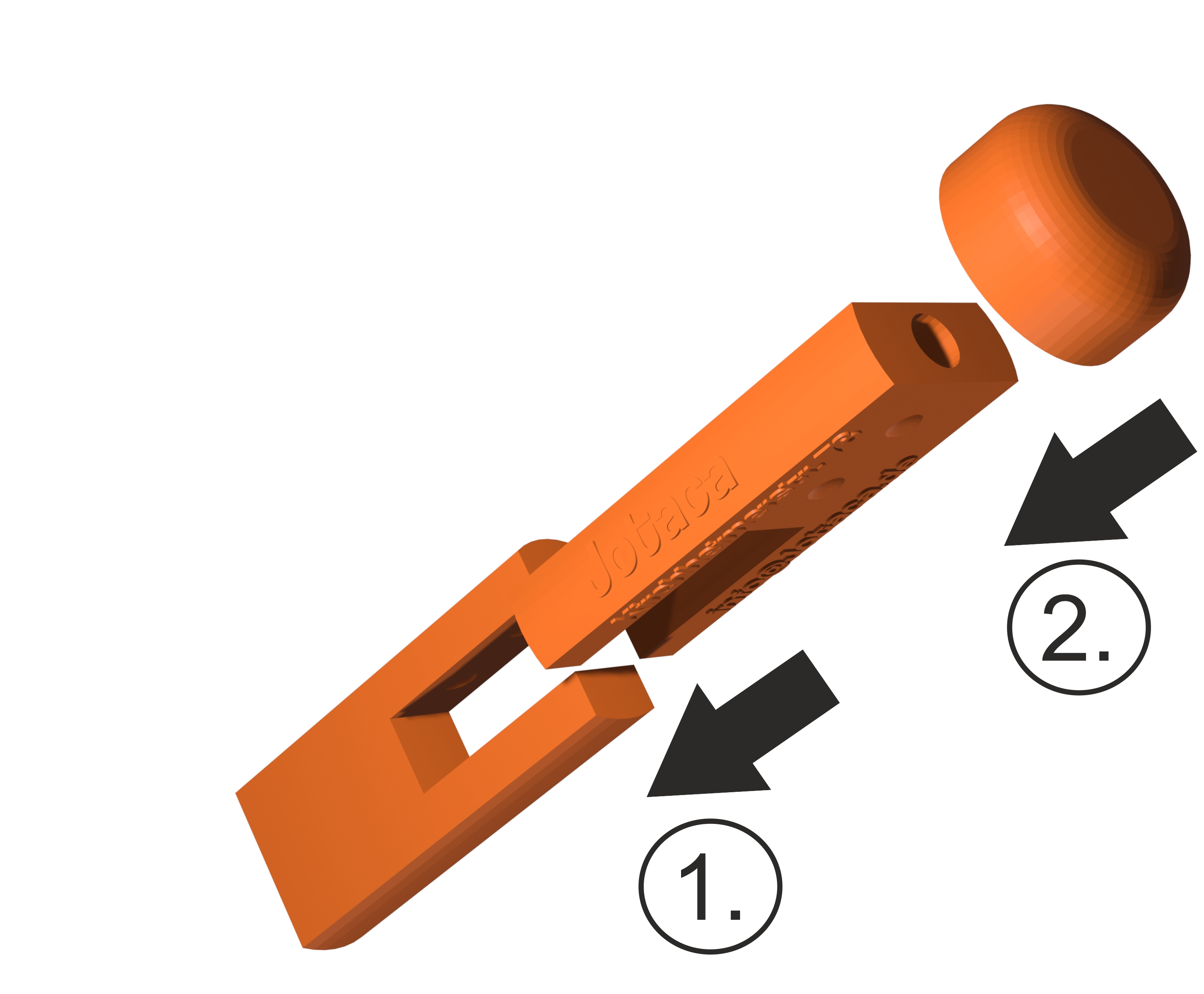 Ein orangenes Kunststoffteil und eine kleine orangefarbene Kappe getrennt mit Pfeilen, die die Montage anzeigen.