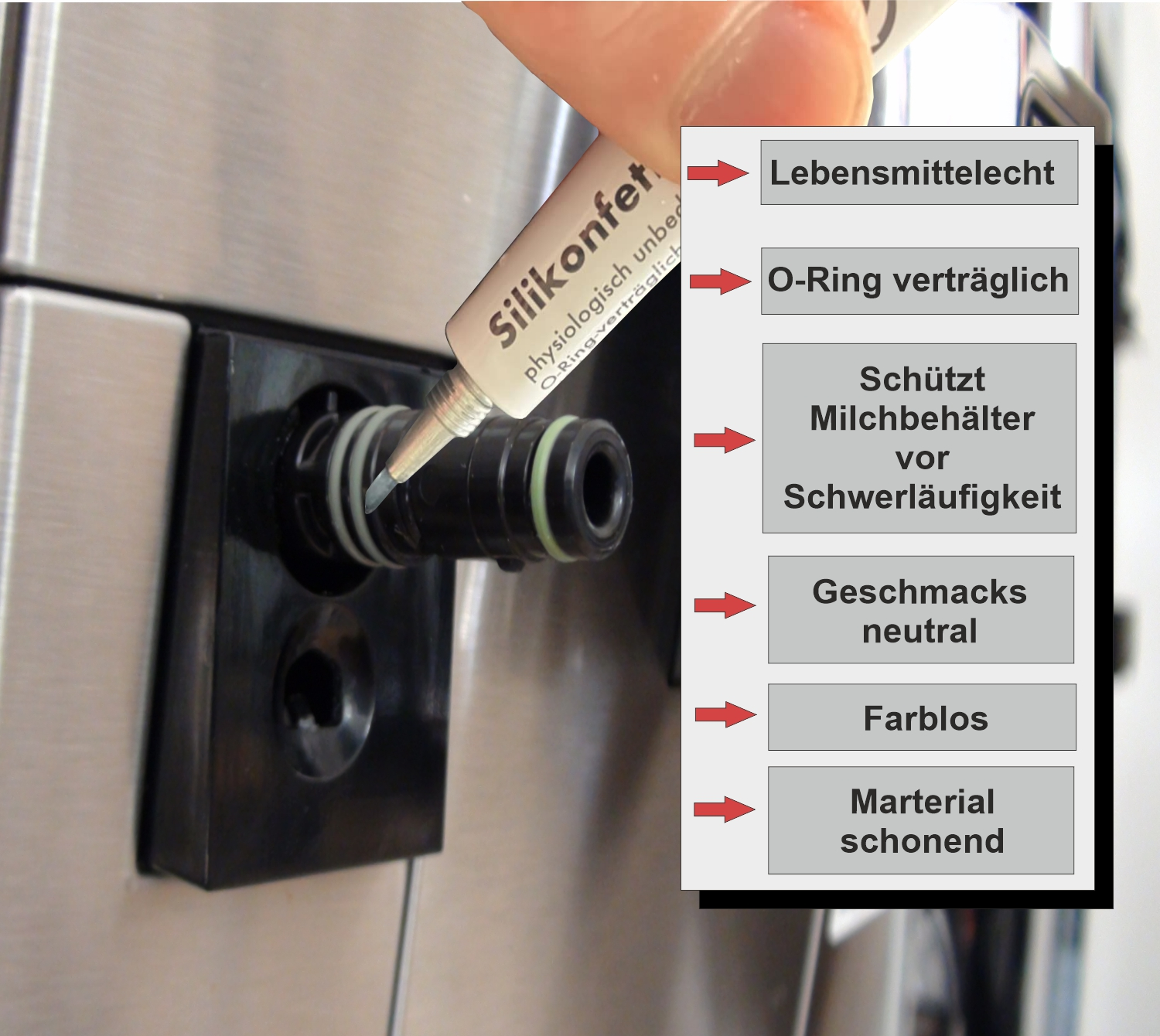 Silikontube wird auf eine schwarze Kunststoffkomponente aufgetragen. Textbeschriftungen.