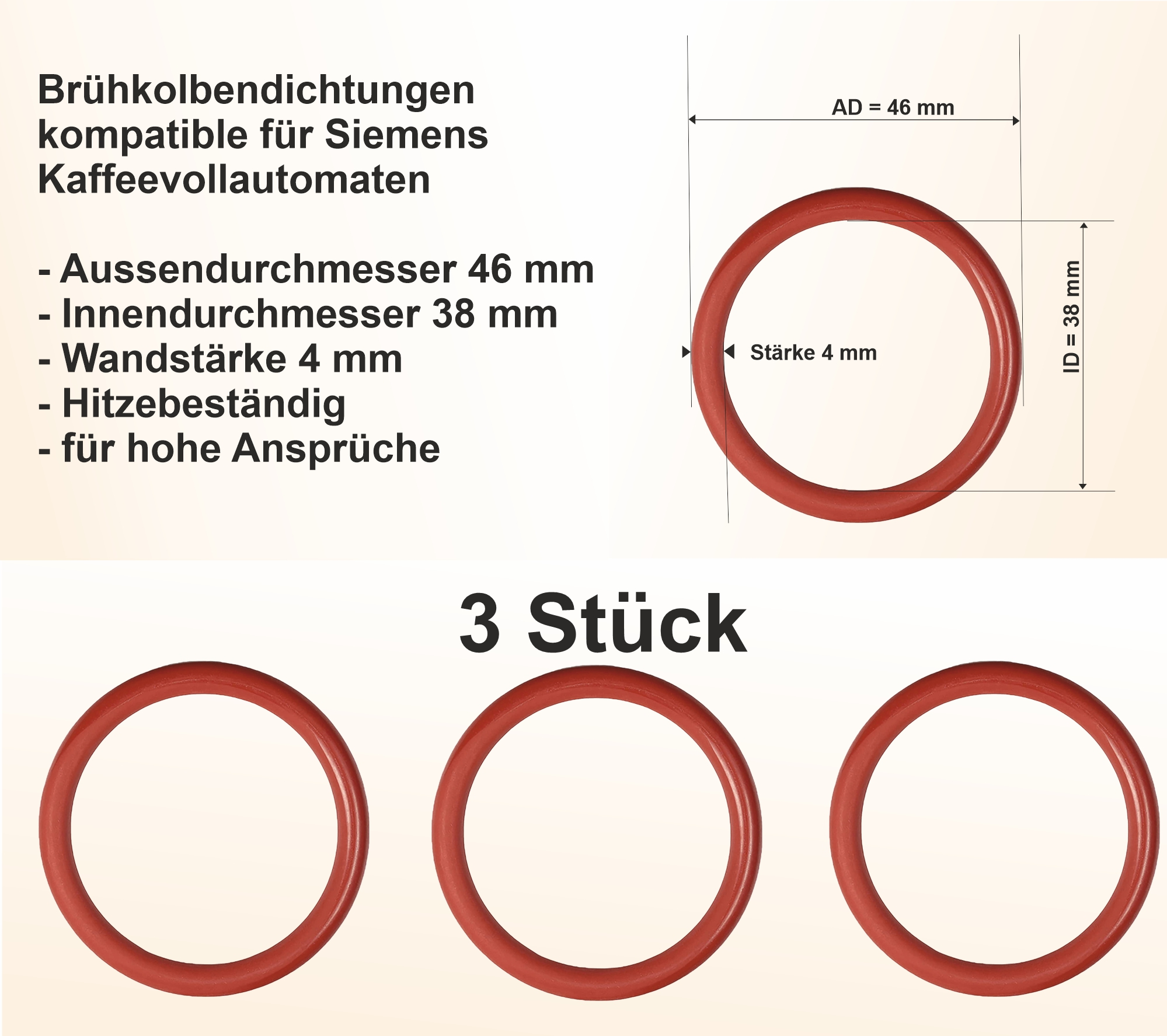 Rote Gummi-O-Ringe, mit Maßen und Text auf Deutsch, vor weißem Hintergrund.