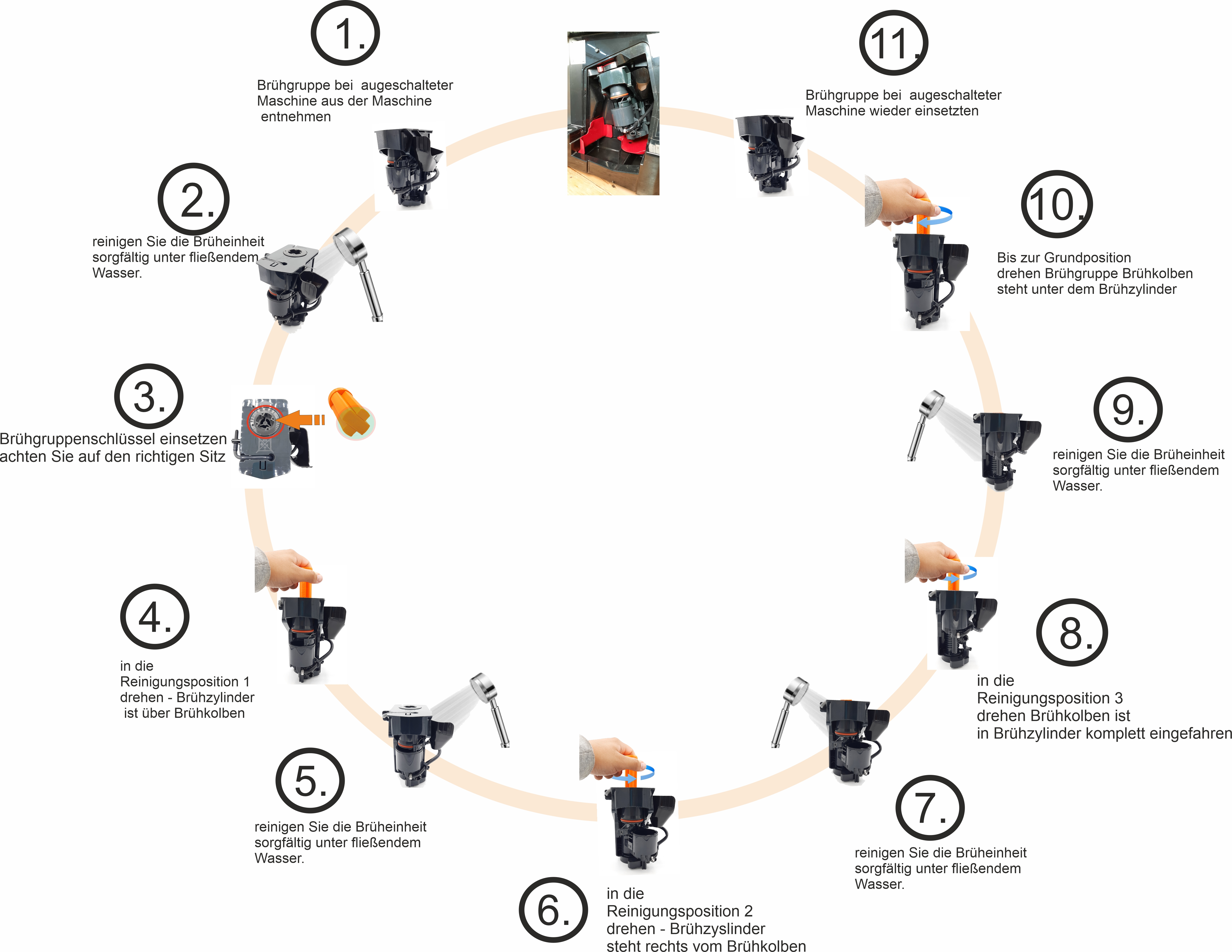 Diagramm, das die Schritte zur Reinigung der Brühgruppe einer Kaffeemaschine veranschaulicht.