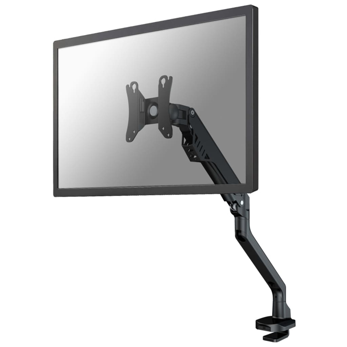 Black monitor mounted on a fully adjustable arm attached to a desk clamp. Clean white background.