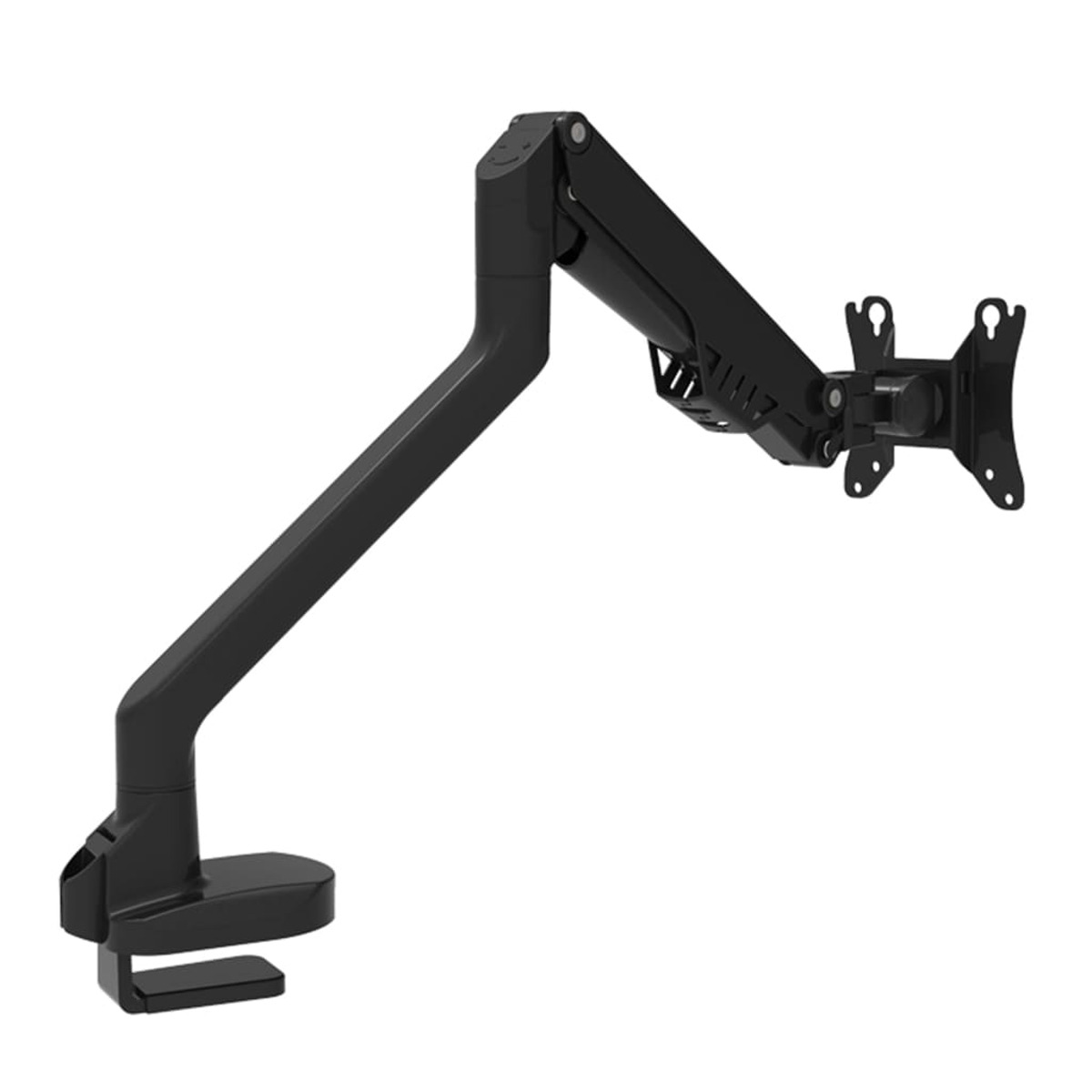 A black monitor arm. It has a base, a clamp, and a jointed arm.