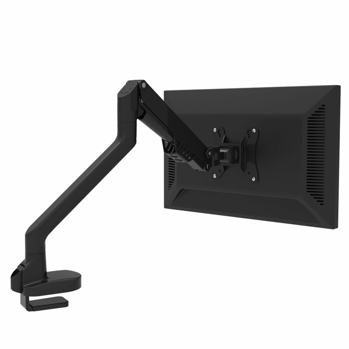 Een zwarte monitorarm die een zwarte monitor ondersteunt, beide tegen een witte achtergrond.