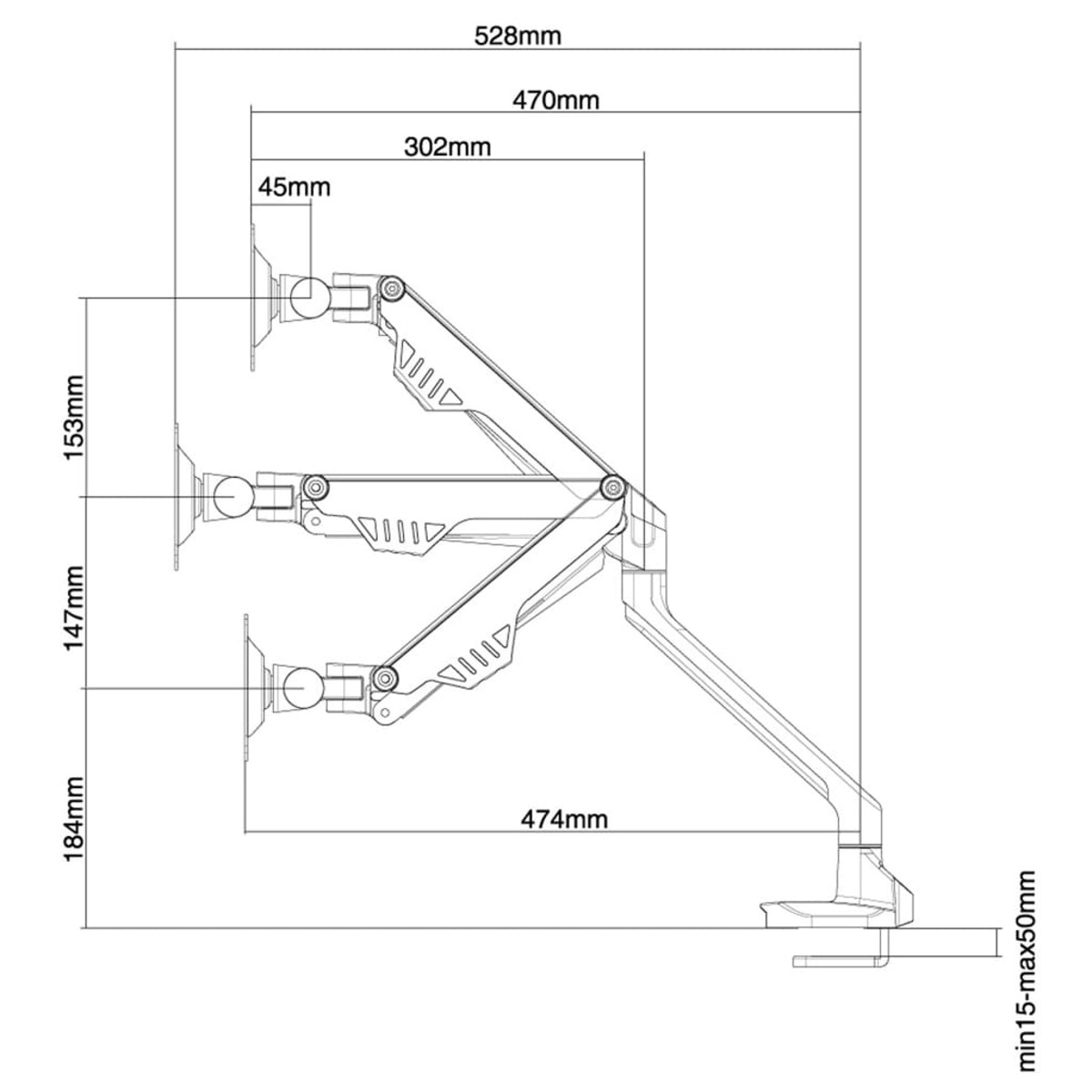 Diagram van een drievoudige monitorarm voor bureaus, met metingen en afmetingen.