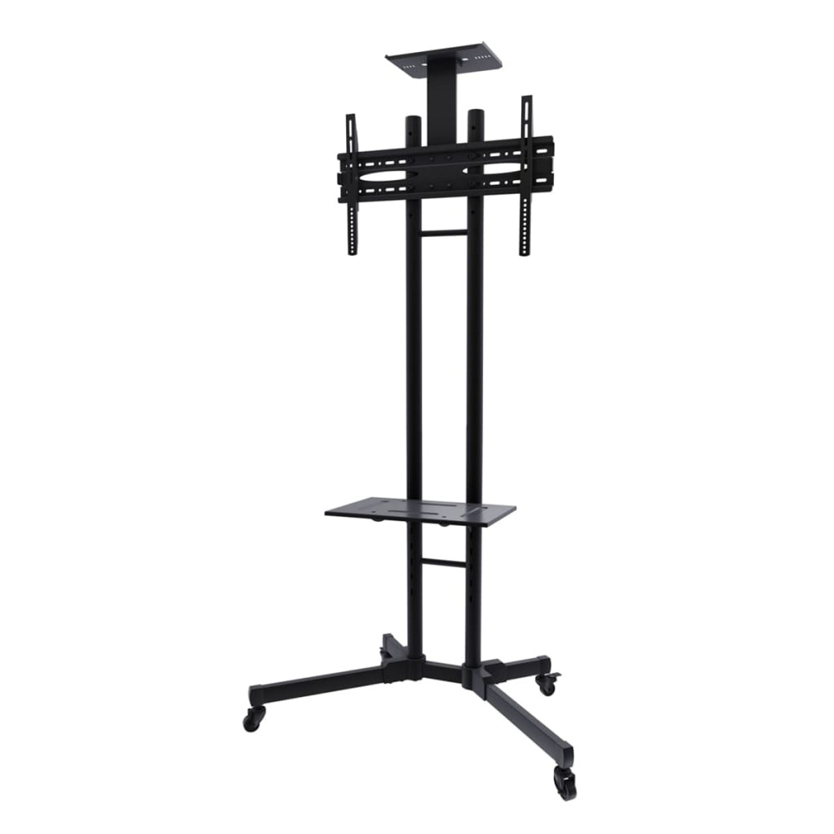 Supporto TV nero con ruote, altezza regolabile e ripiano. Supporta una TV.