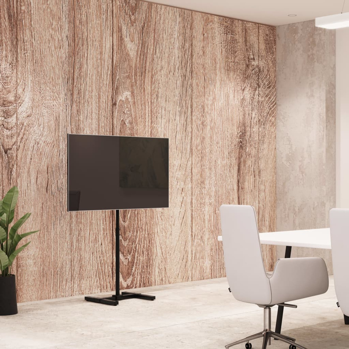 Salon moderne avec une TV sur pied devant un mur en panneaux de bois.