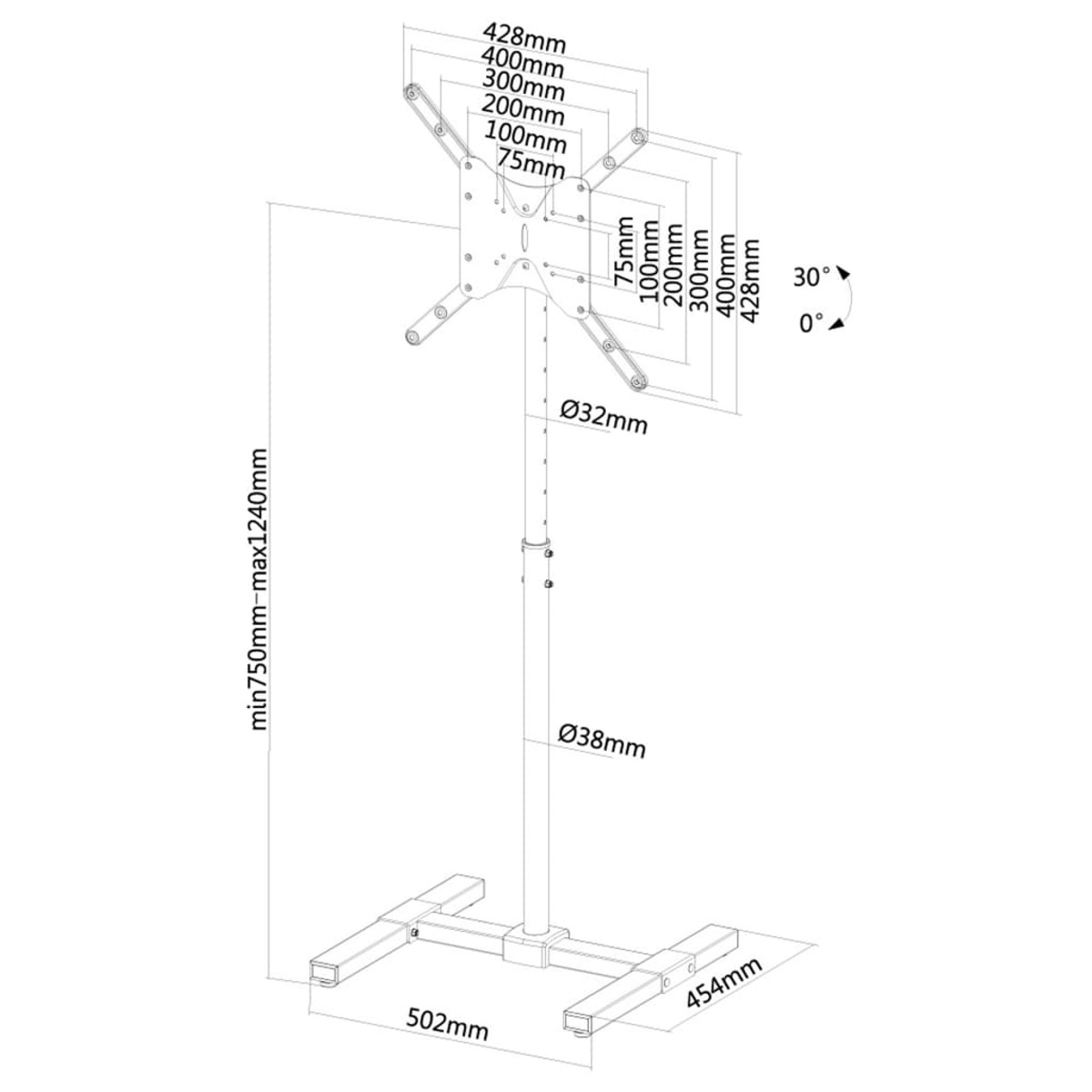Un support blanc pour une TV, avec mesures et dimensions montrées dans un diagramme.
