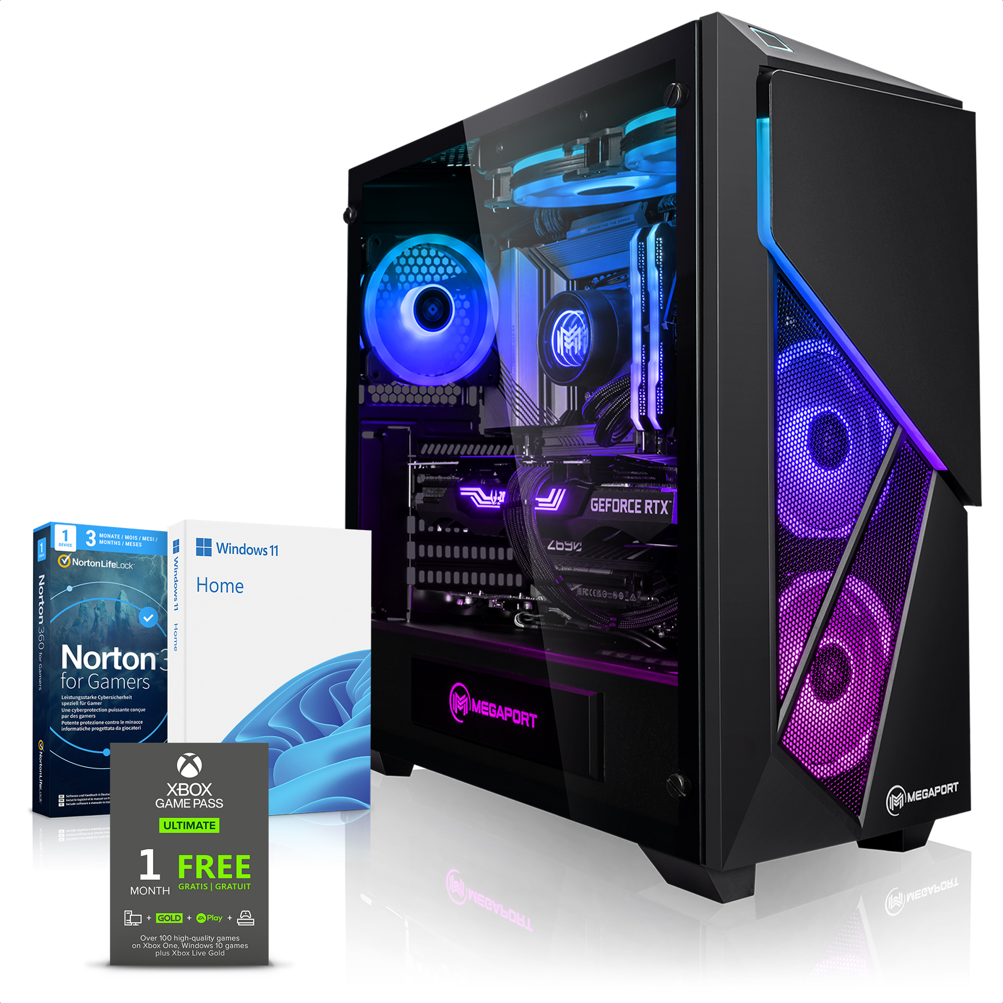 MEGAPORT Gaming PC Intel Ti, i9 NVIDIA Windows (64 RTX™ 4070 11900KF, GB Home GB 12 SSD, GB Gaming 1000 PC Core™ 32 i9 GeForce Bit), RAM, 11 Core Prozessor