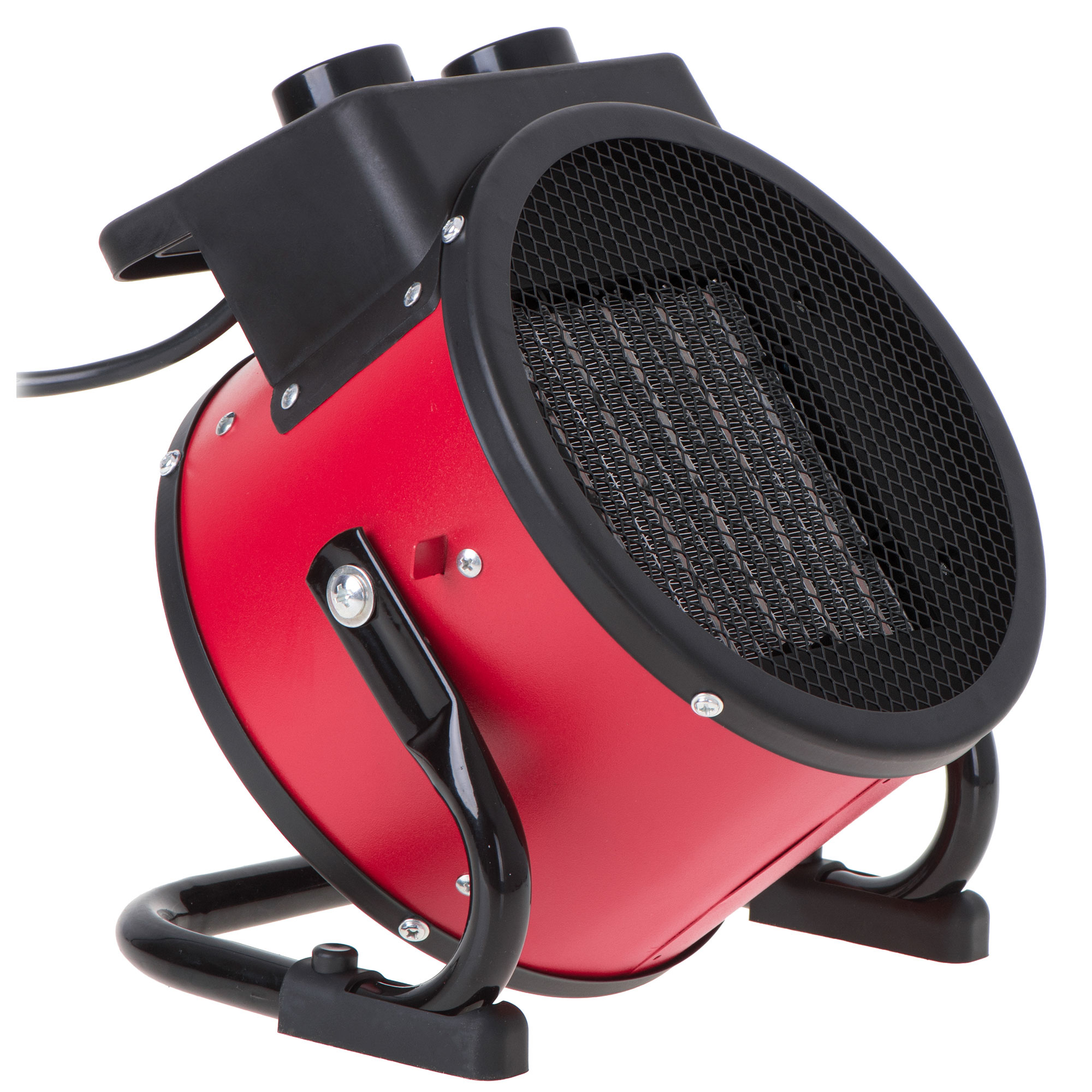 Czerwony grzejnik elektryczny z czarną metalową kratką i uchwytem na białym tle.