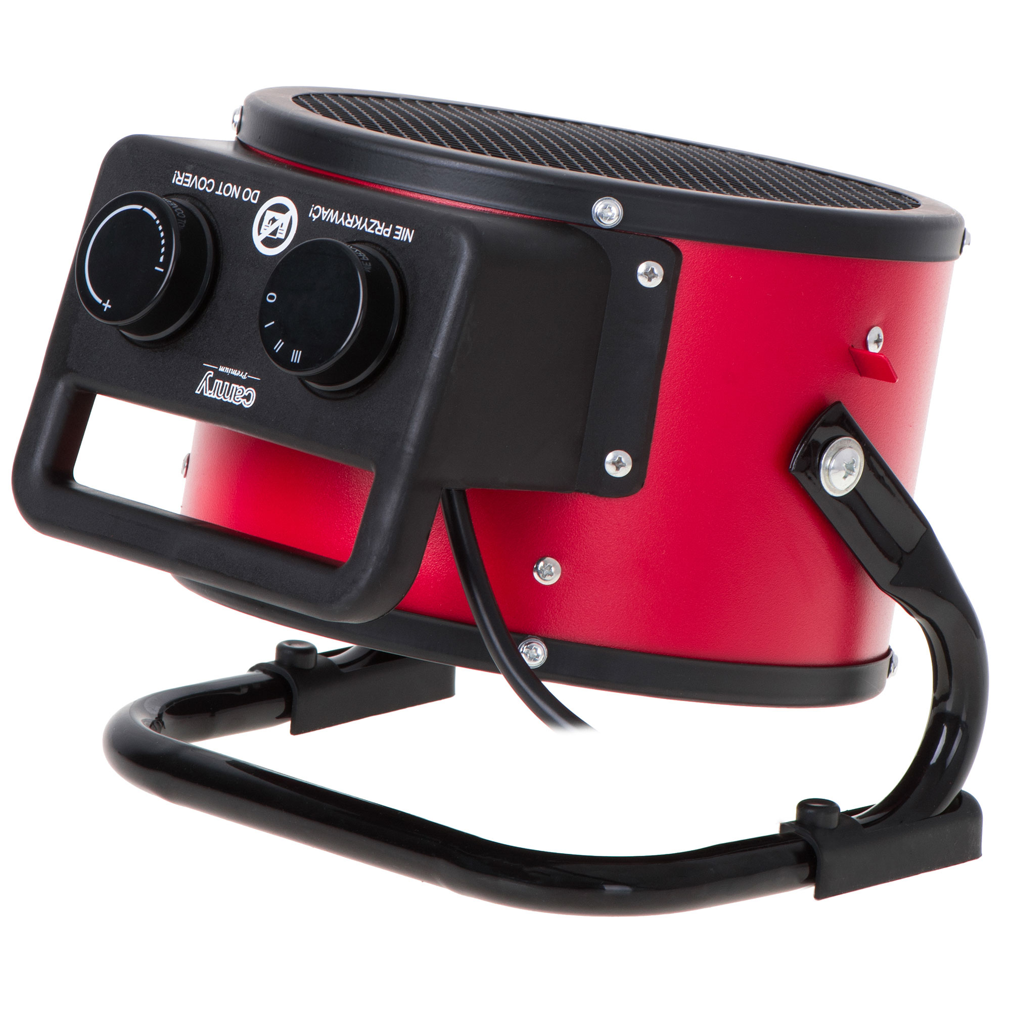 Czerwony grzejnik elektryczny z czarnym uchwytem i elementami sterującymi. Tło jest białe.