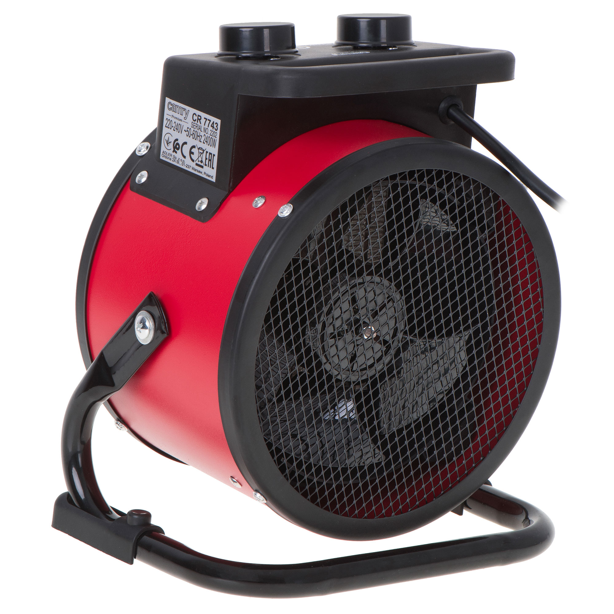 Czerwony grzejnik elektryczny, czarna siatka i elementy sterujące, na białym tle.