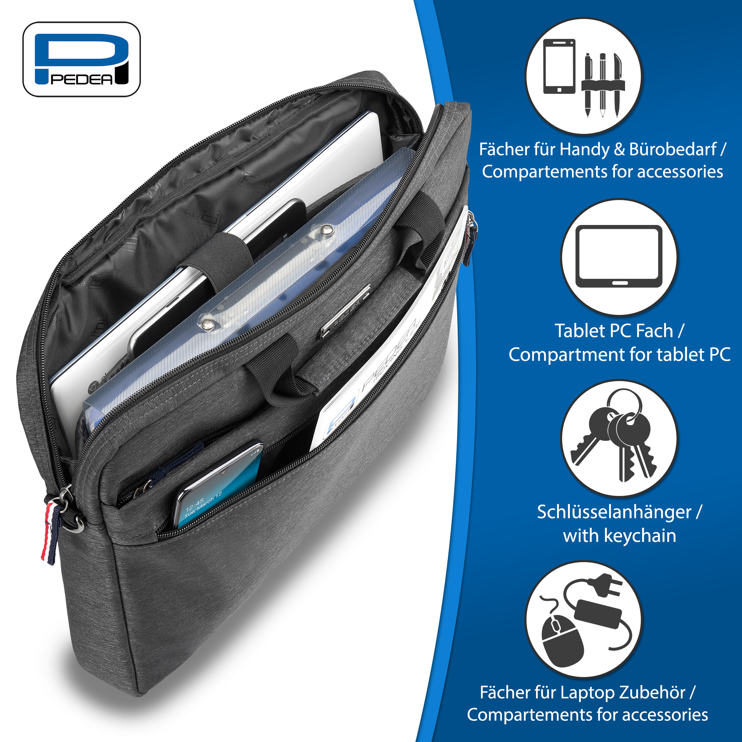 Una borsa per laptop aperta che mostra scomparti per tablet, accessori e altro.