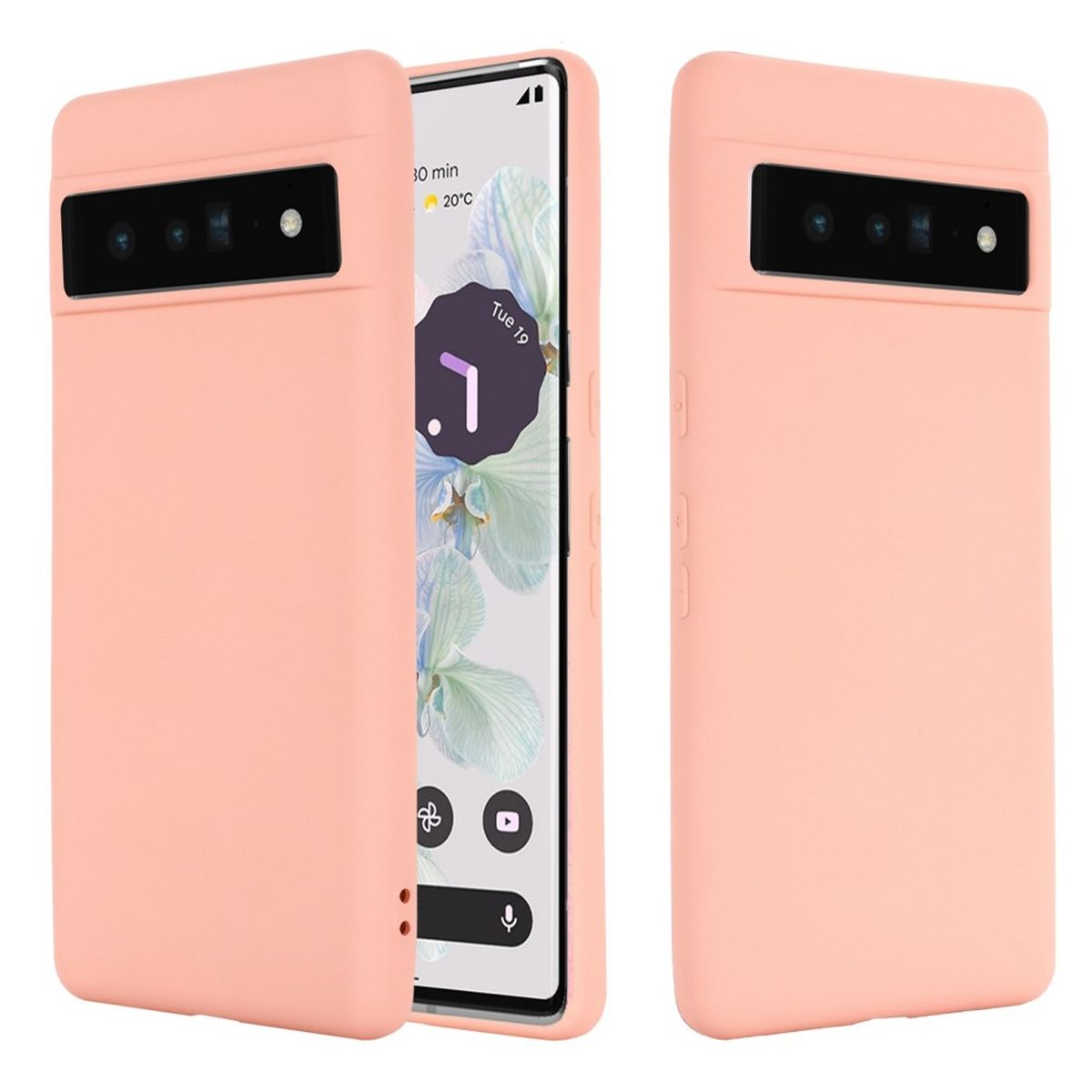 Zwei korallenfarbene Handyhüllen mit einem Telefon dazwischen. Eines zeigt den Bildschirm.