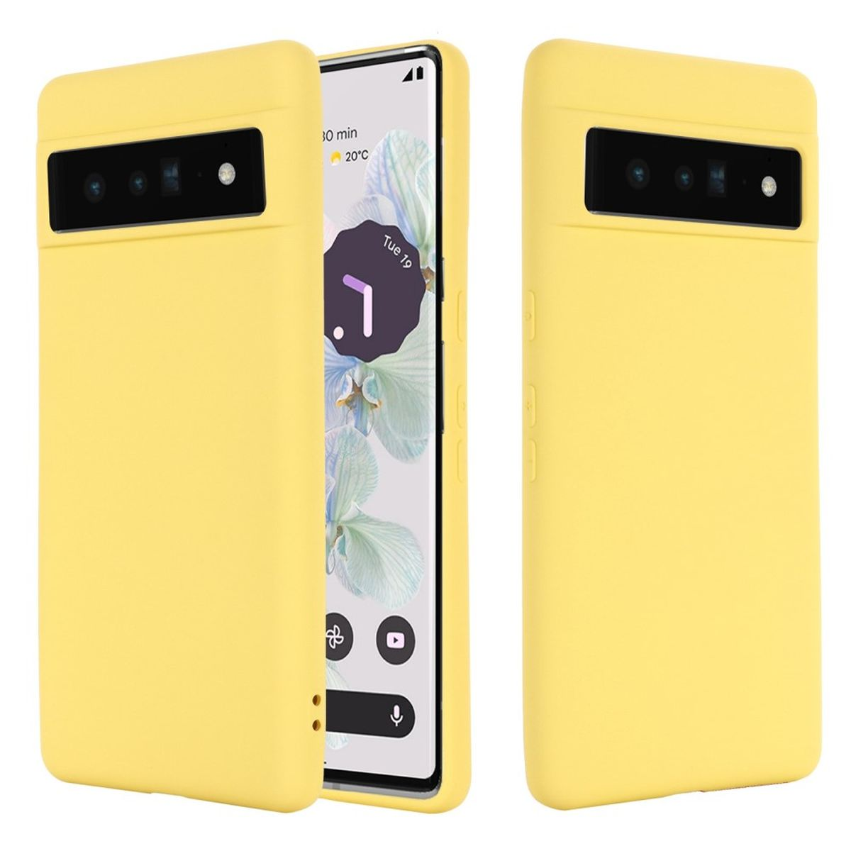 Gelbe Handyhüllen für ein Smartphone. Das Handy in der Mitte zeigt das Display.