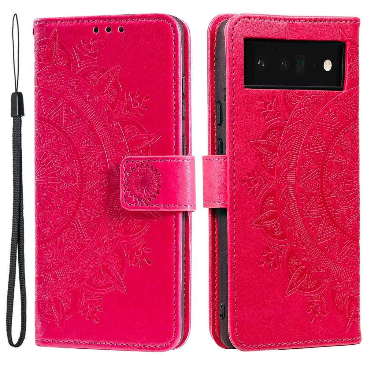 Eine pinke Handyhülle, geöffnet um ein Handy zu zeigen. Ein Gurt ist befestigt. Die Hülle hat ein Muster.