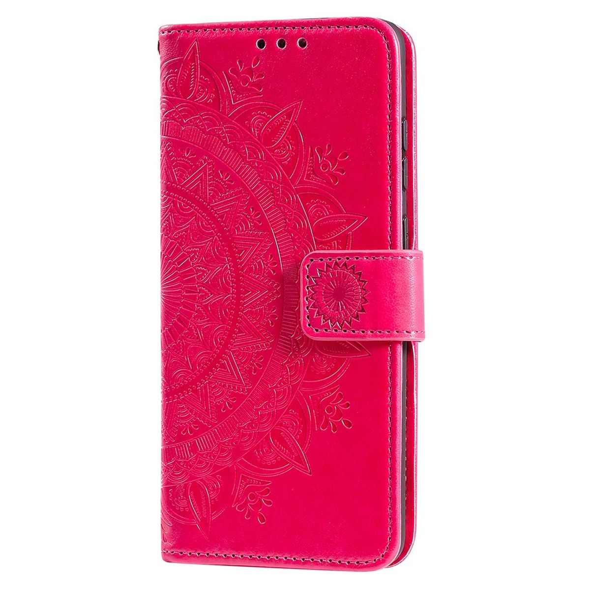 Eine pinke Handyhülle mit Mandala-Design und Verschluss, in vertikaler Ausrichtung.