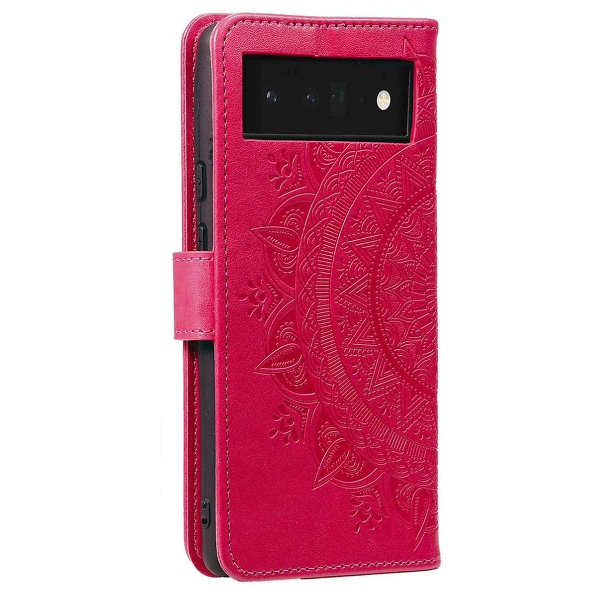 Eine pinke Handyhülle mit Mandalamuster, geöffnet, um ein Telefon zu zeigen. Die Hülle hat Magnetverschluss.