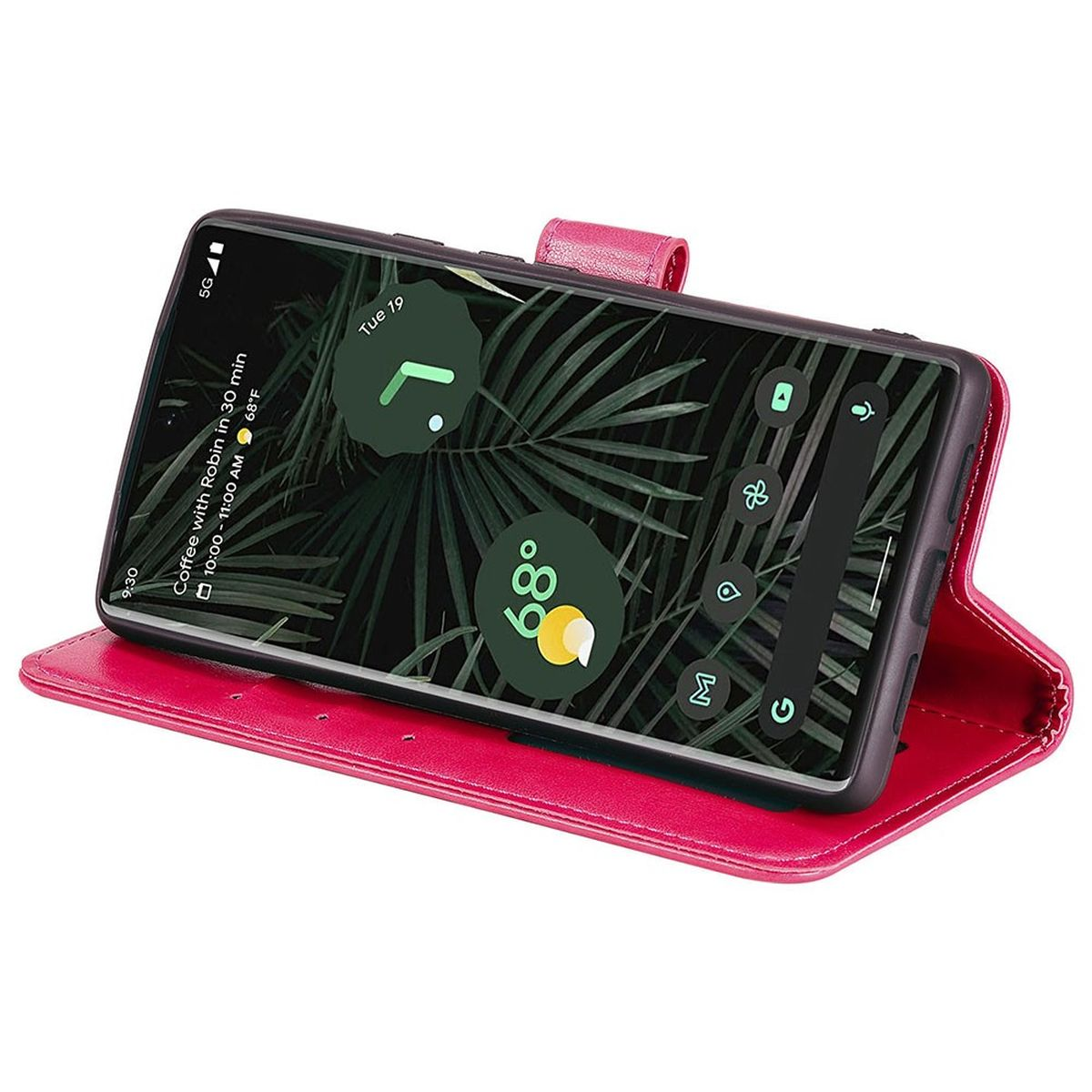 Schwarzes Telefon in pinkfarbener Hülle. Der Bildschirm zeigt Zeit und App-Symbole. Die Hülle ist offen.