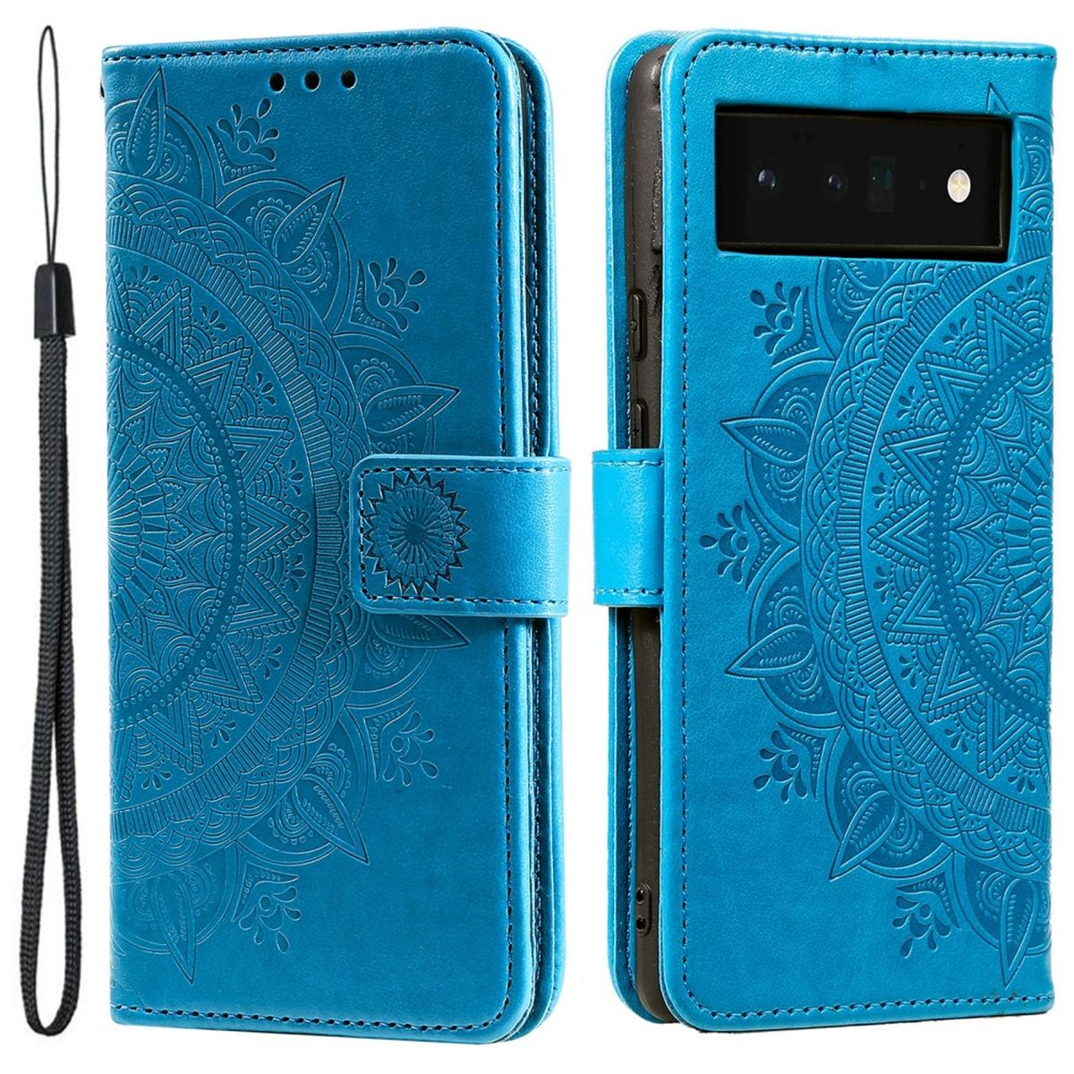 Blaue Handyhülle mit Mandala-Design und Handschlaufe, geöffnet. Das Telefon ist nicht sichtbar.