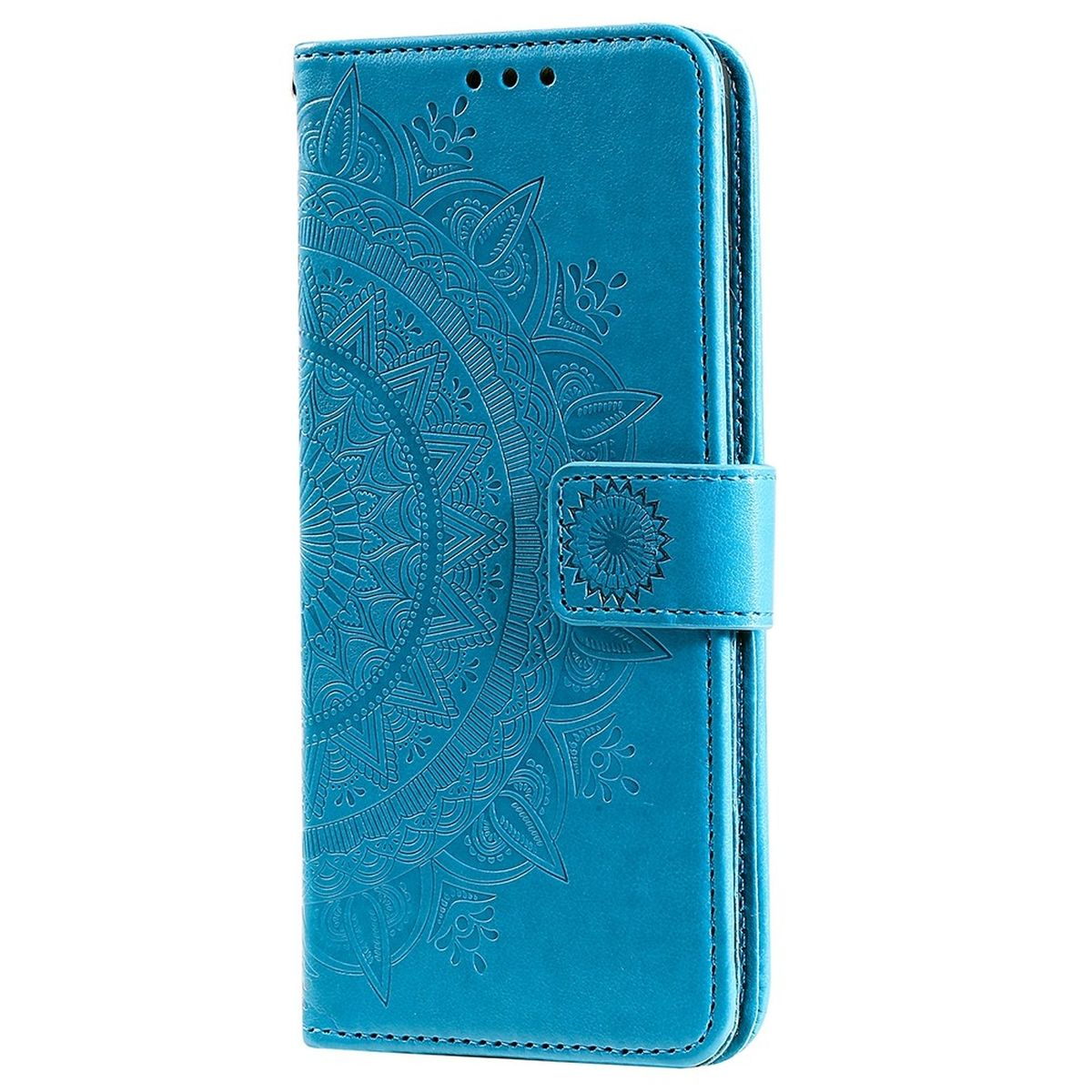 Türkisfarbene Handyhülle mit detailliertem, geprägtem Mandala-Design auf der Vorderseite, Knopfverschluss.
