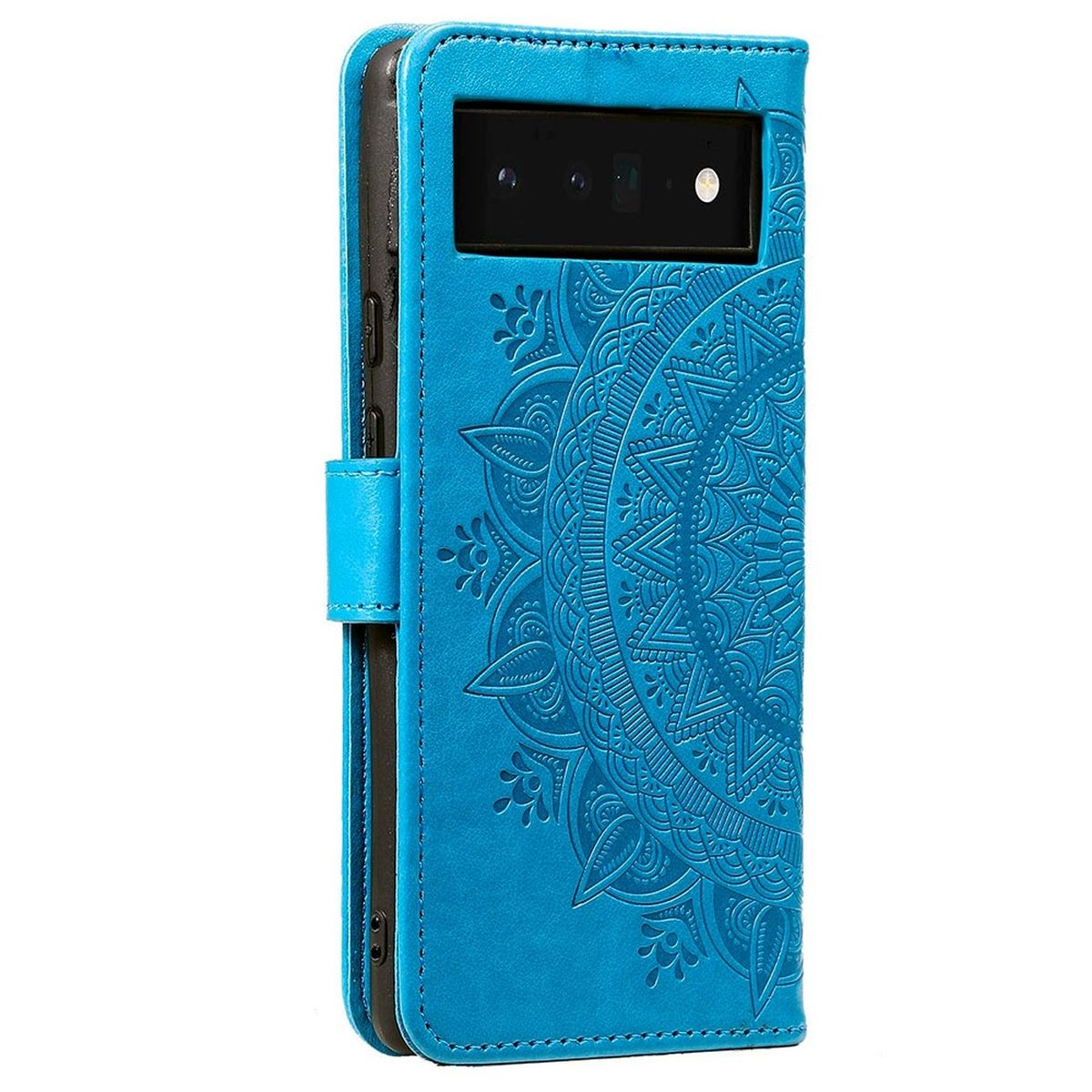 Eine blaue Handyhülle mit Mandalamuster, geöffnet, um ein Telefon zu zeigen.
