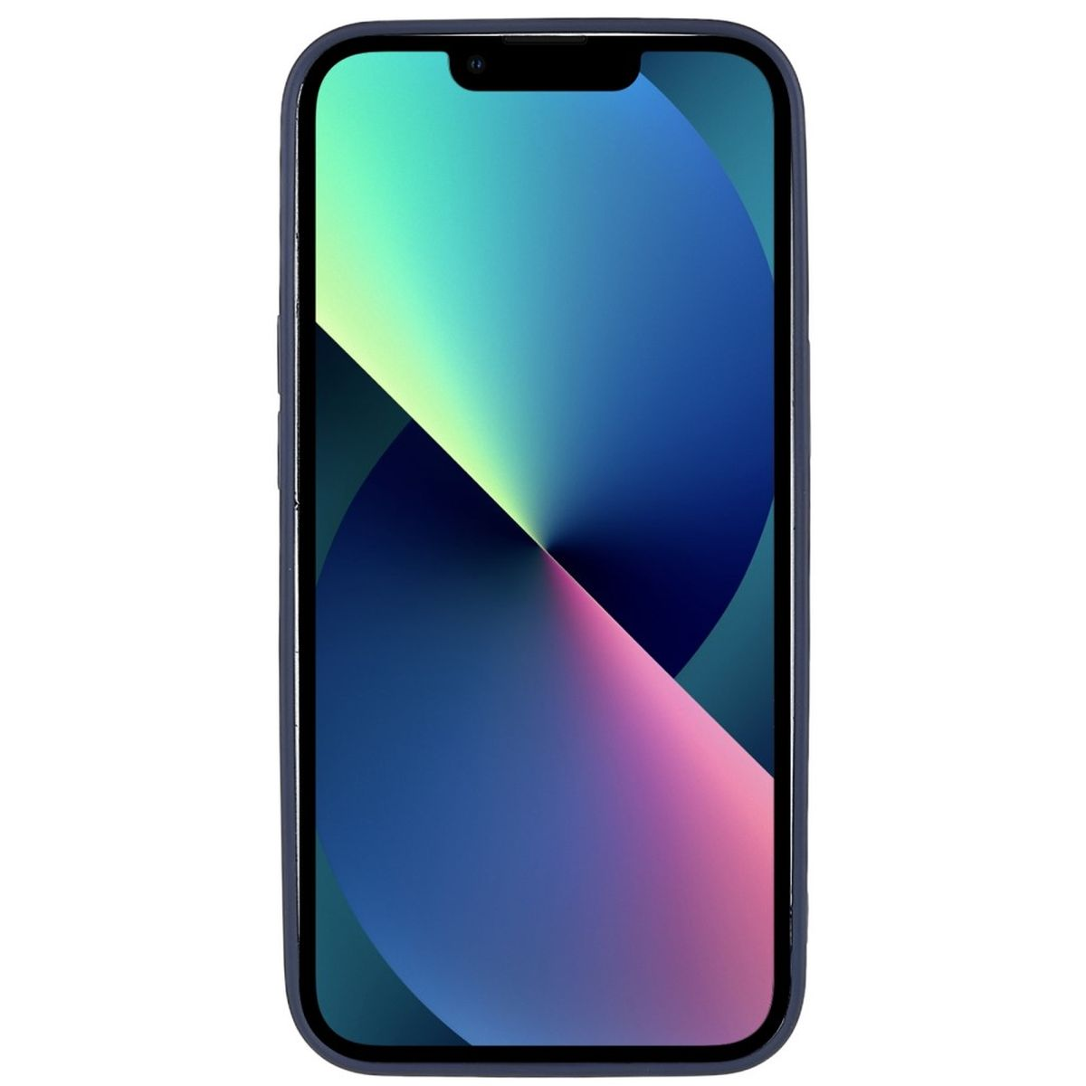 Ein dunkelblaues iPhone mit einem bunten Hintergrundbild.