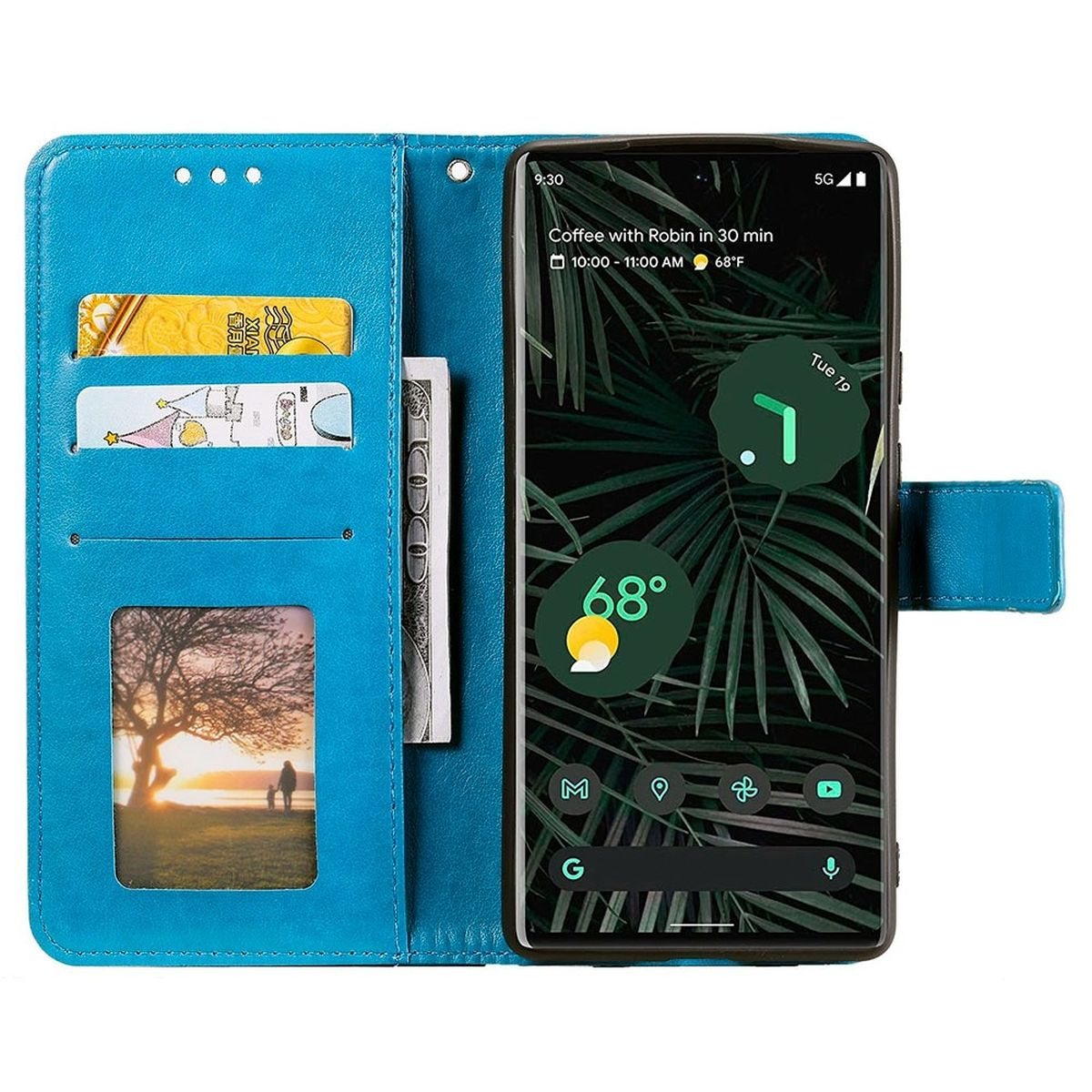 Blaues Handy-Case offen, ein Smartphone zeigend. Zeigt einen Kalender, einen Baum und eine Person.