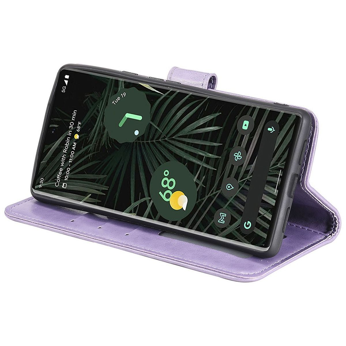 Eine lila Handyhülle mit einem Telefon, das die Uhrzeit anzeigt.
